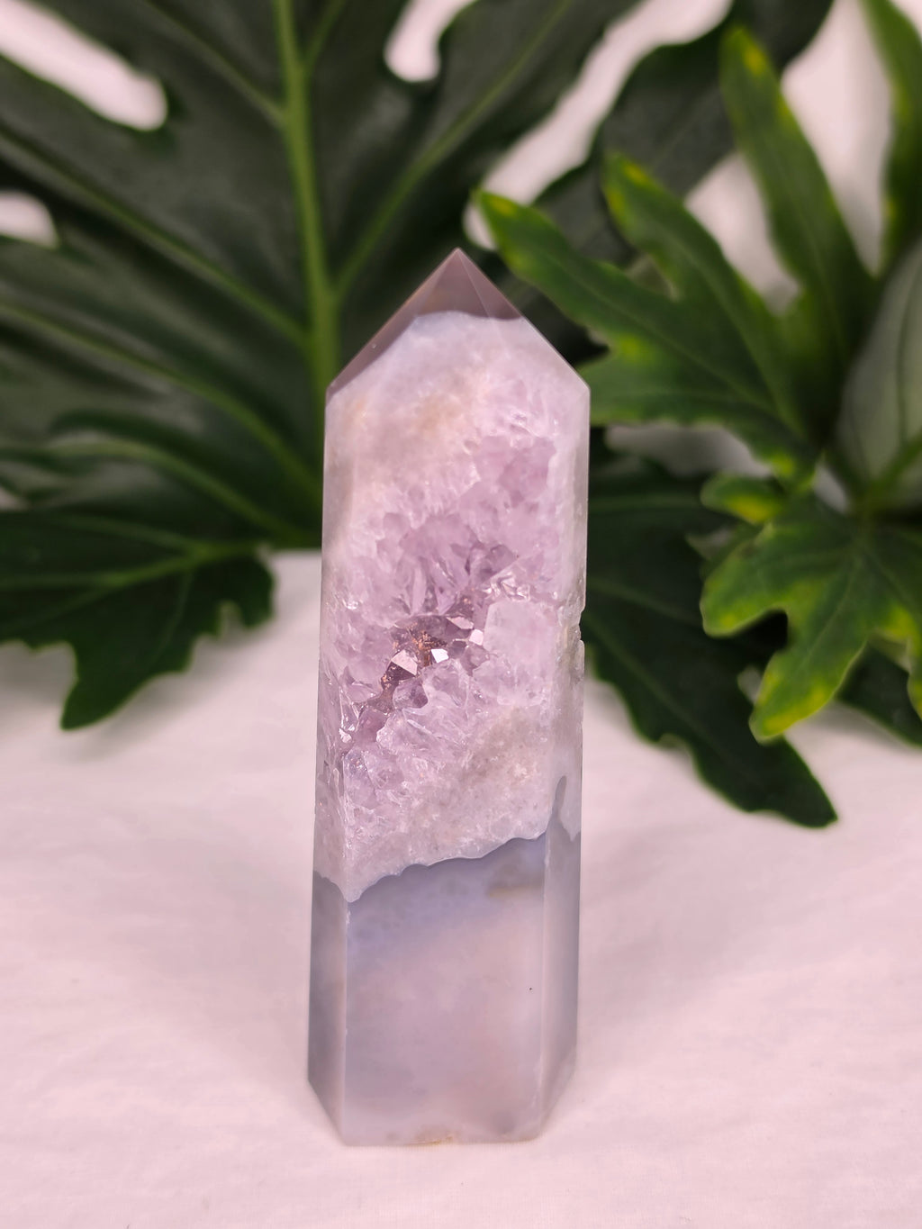 Luxury Pink Amethyst Tower by Stone and Bloom featuring soft blush crystal formations and natural druzy