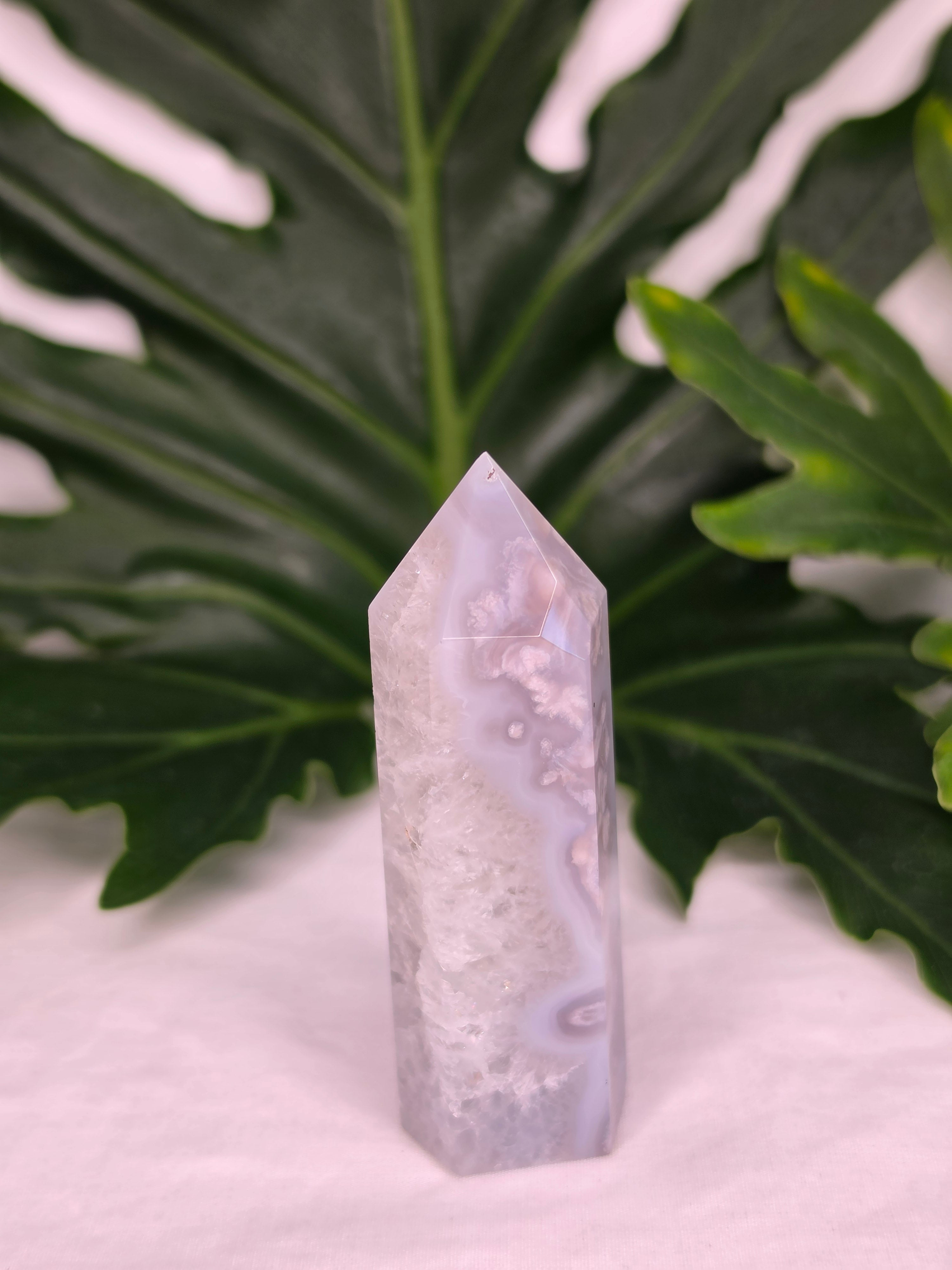 Luxury Blue Flower Agate Tower by Stone and Bloom featuring soft blue floral natural formations, Quartz,Blue Flower Agate