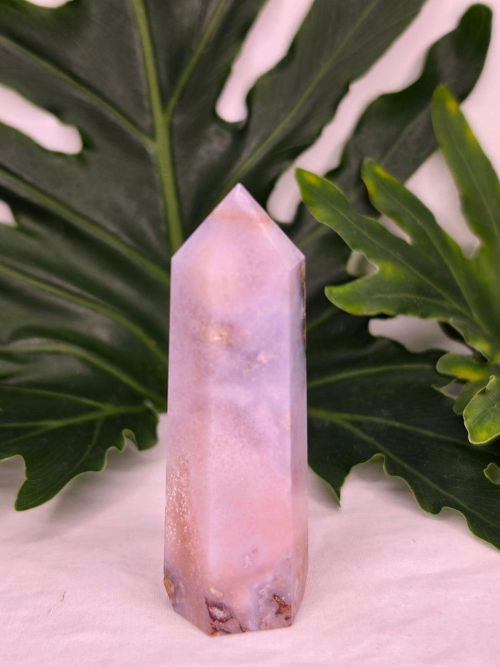 Luxury Pink Amethyst Tower by Stone and Bloom featuring soft blush crystal formations and natural druzy
