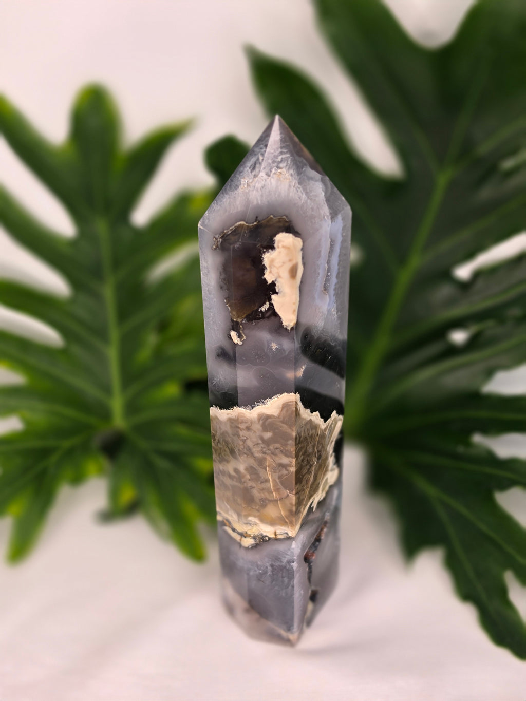 Luxury UV Reactive Volcanic Agate Tower with Druzy by Stone and Bloom featuring sparkling crystal formations, Home styling, Home Decor