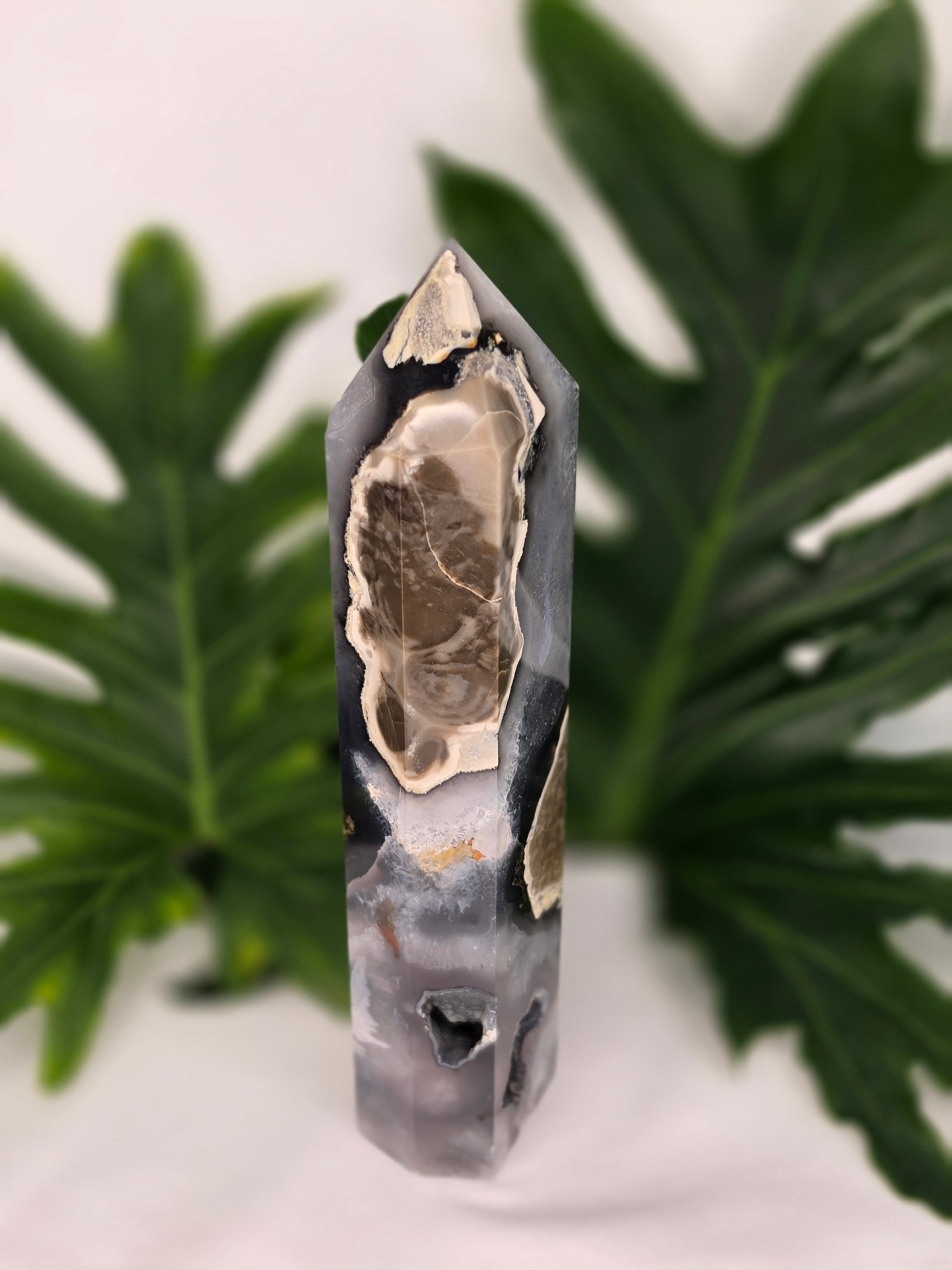 Luxury UV Reactive Volcanic Agate Tower with Druzy by Stone and Bloom featuring sparkling crystal formations, Home styling, Home Decor