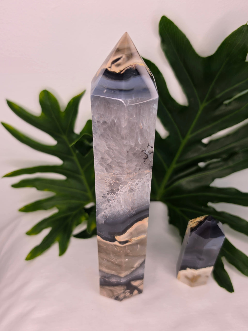 Luxury UV Reactive Volcanic Agate Tower with quartz and druzy by Stone and Bloom featuring sparkling crystal formations, Home styling, Home Decor