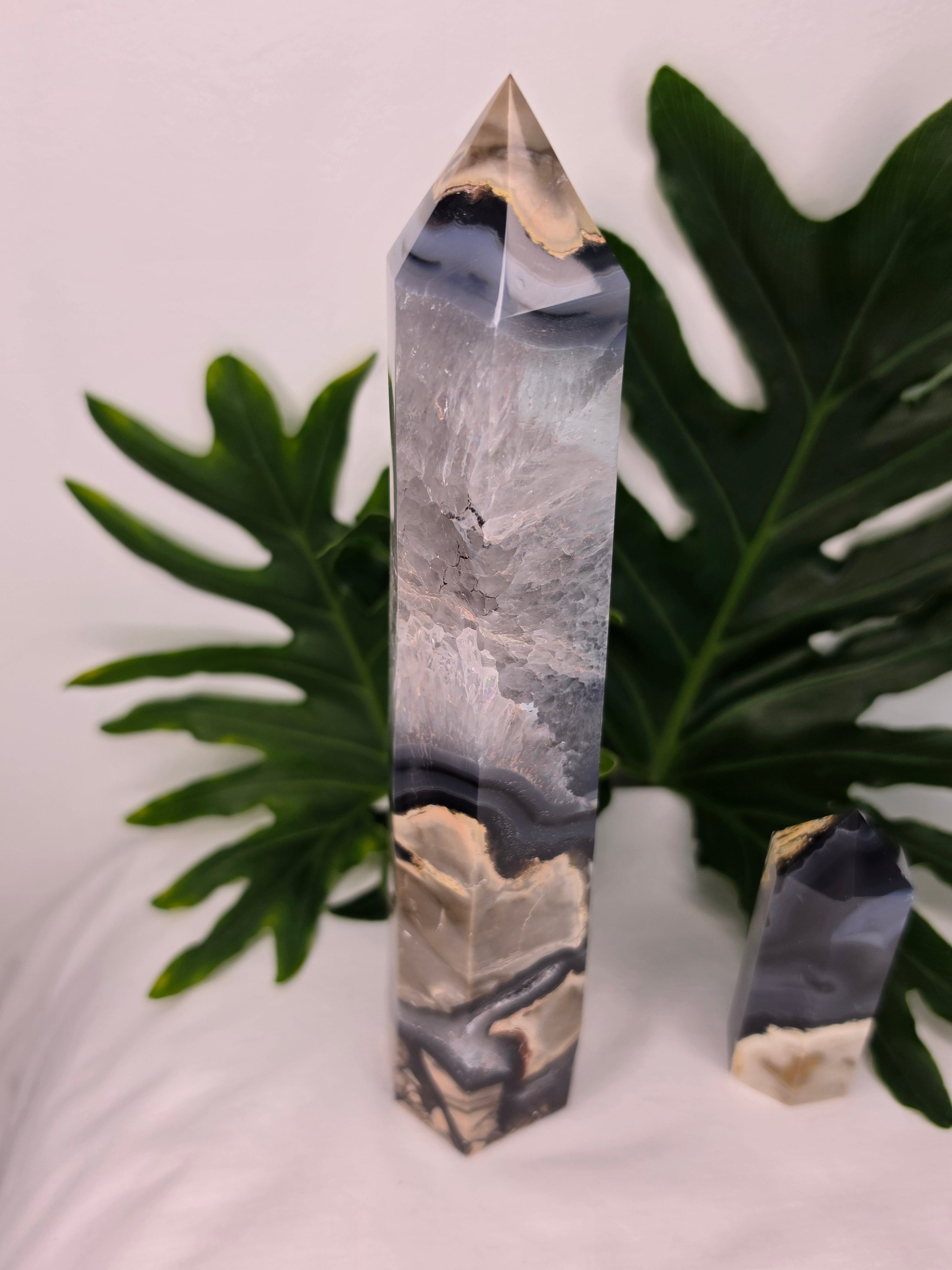 Luxury UV Reactive Volcanic Agate Tower with quartz and druzy by Stone and Bloom featuring sparkling crystal formations, Home styling, Home Decor