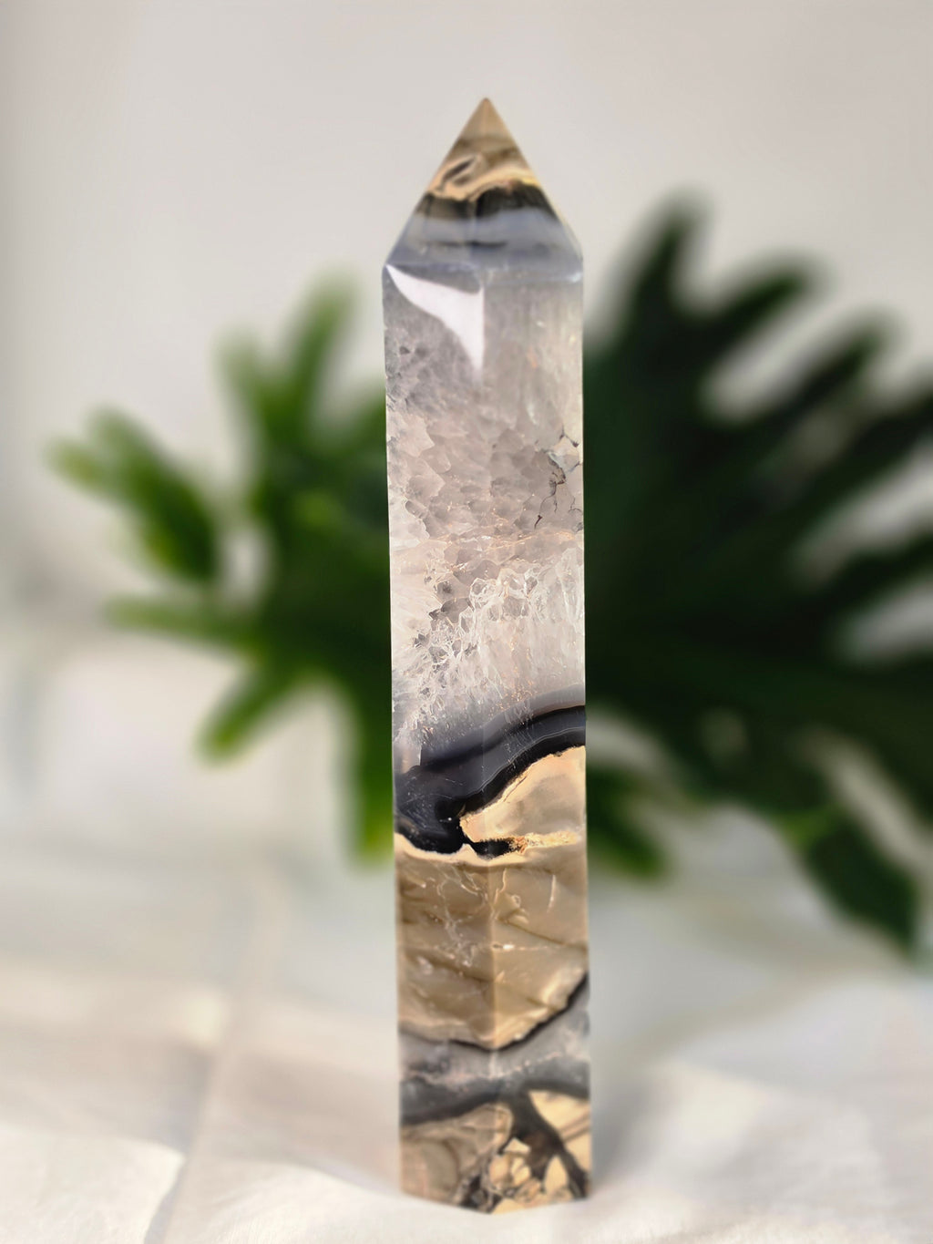 Luxury UV Reactive Volcanic Agate Tower with quartz and druzy by Stone and Bloom featuring sparkling crystal formations, Home styling, Home Decor