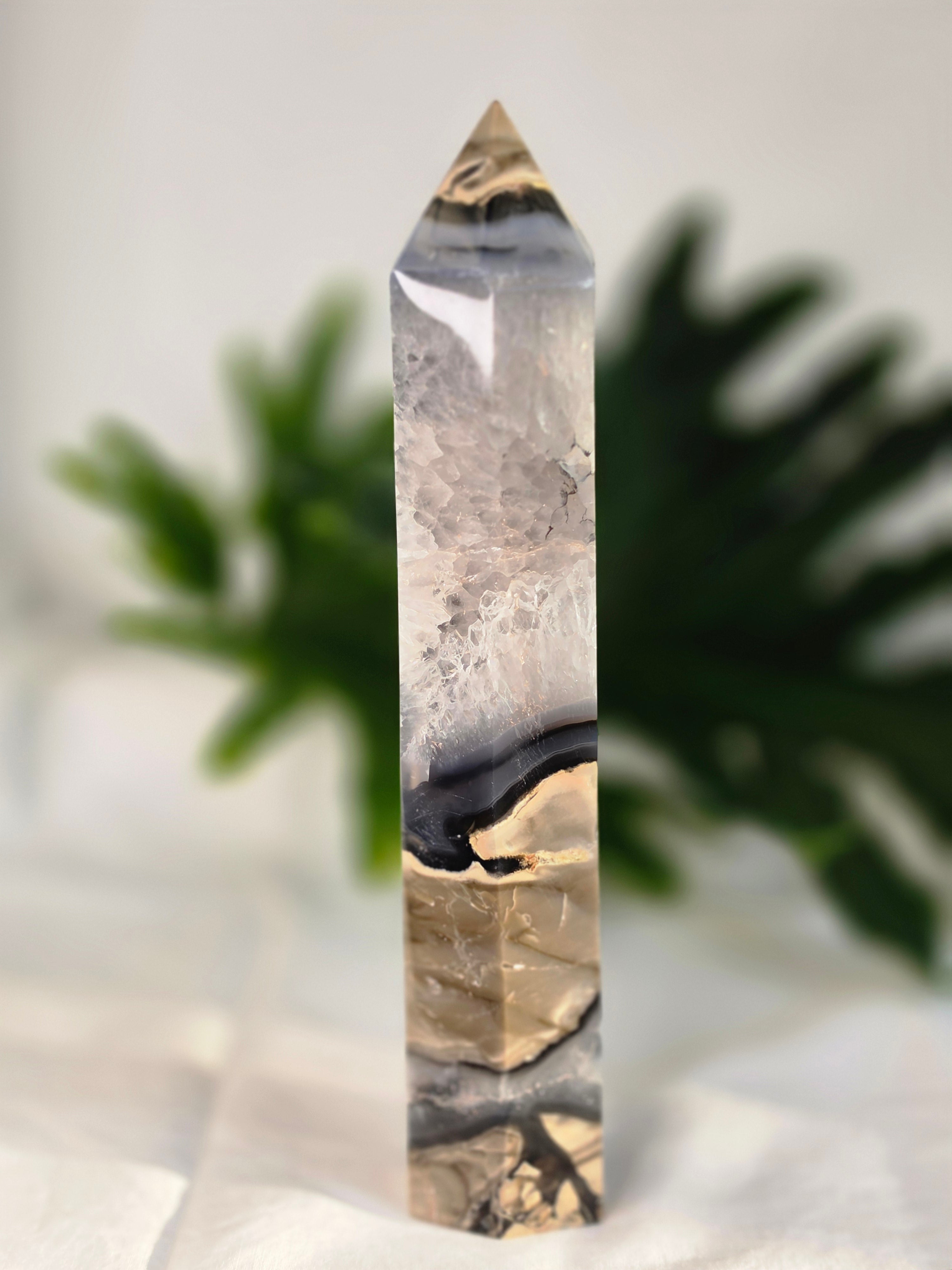 Luxury UV Reactive Volcanic Agate Tower with quartz and druzy by Stone and Bloom featuring sparkling crystal formations, Home styling, Home Decor