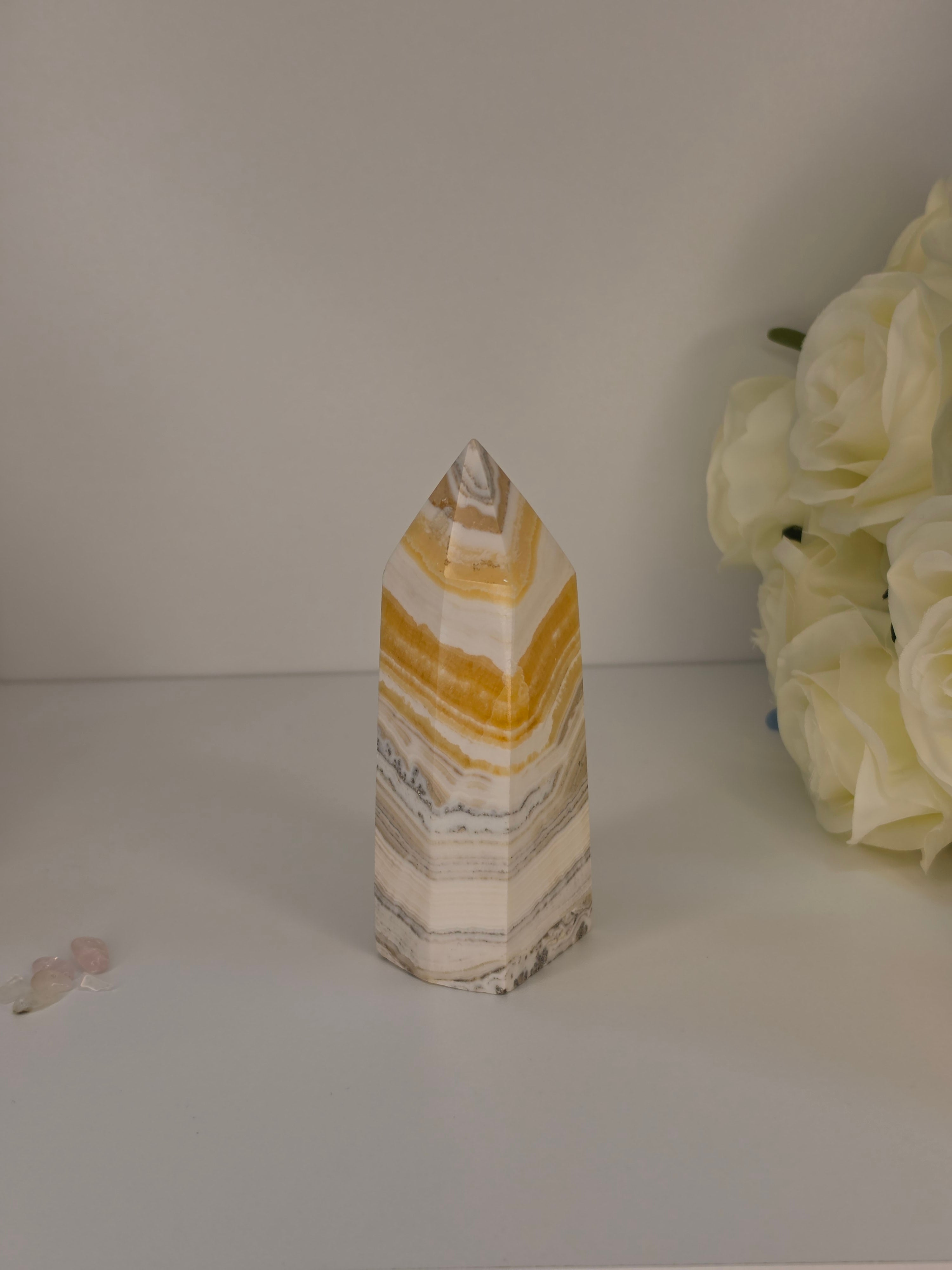 Luxury Yellow Banded Calcite Tower crystal by Stone and Bloom featuring warm golden natural banding
Yellow Banded Calcite Tower
Crystal Tower
Luxury Crystal Décor
Statement Crystal
Stone and Bloom