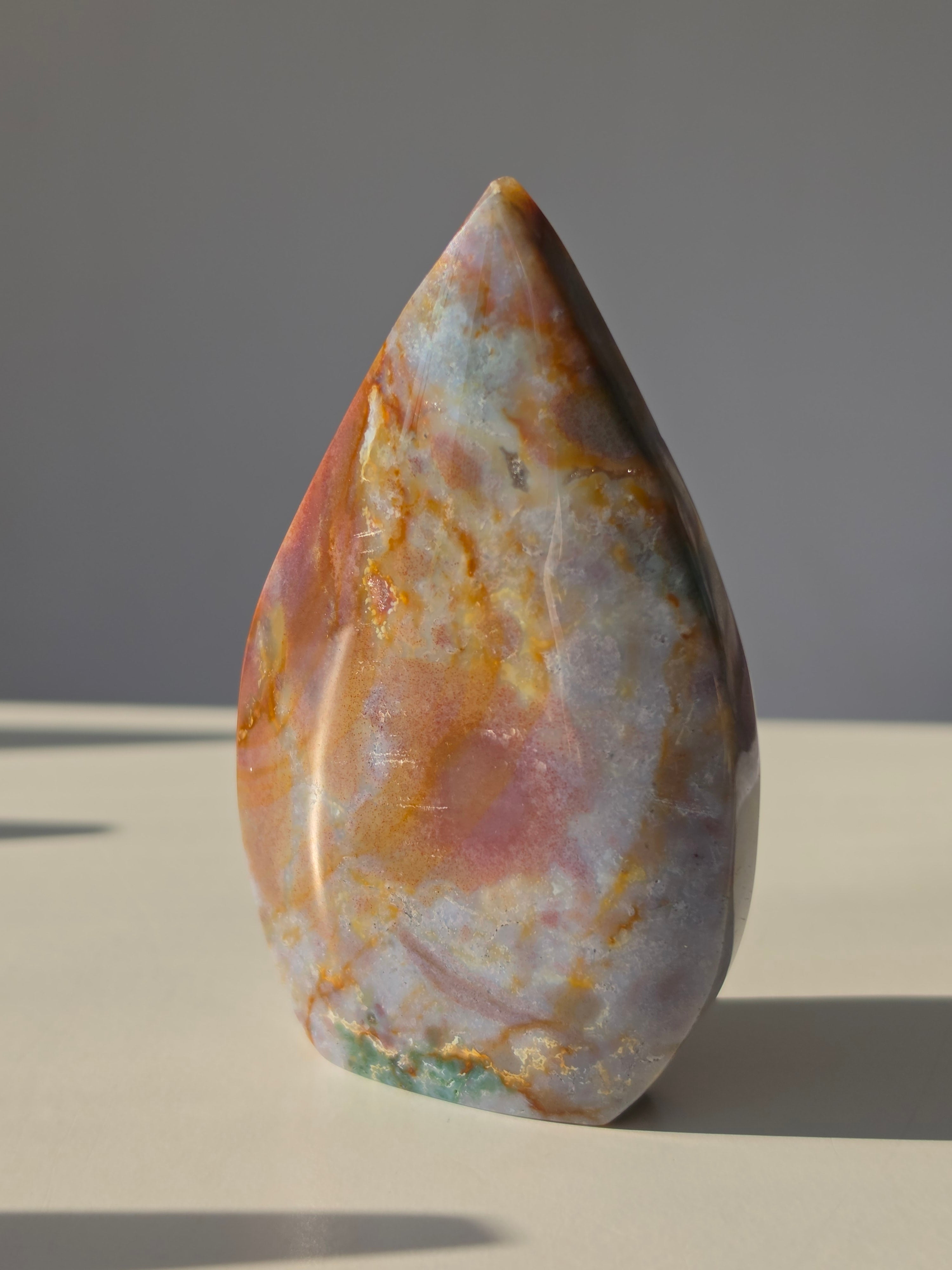 Ocean Jasper, Pastel Tones, Pastel Crystal, Oceanic tones, our Ocean Jasper Flames, earthy greens, sandy creams, warm peach hues, and dreamy natural patterns, Natural Stone, Crystal Flame, Ocean Jasper Crystal, On trend, Crystal Home Decor, Home Styling, Beachy Vibe