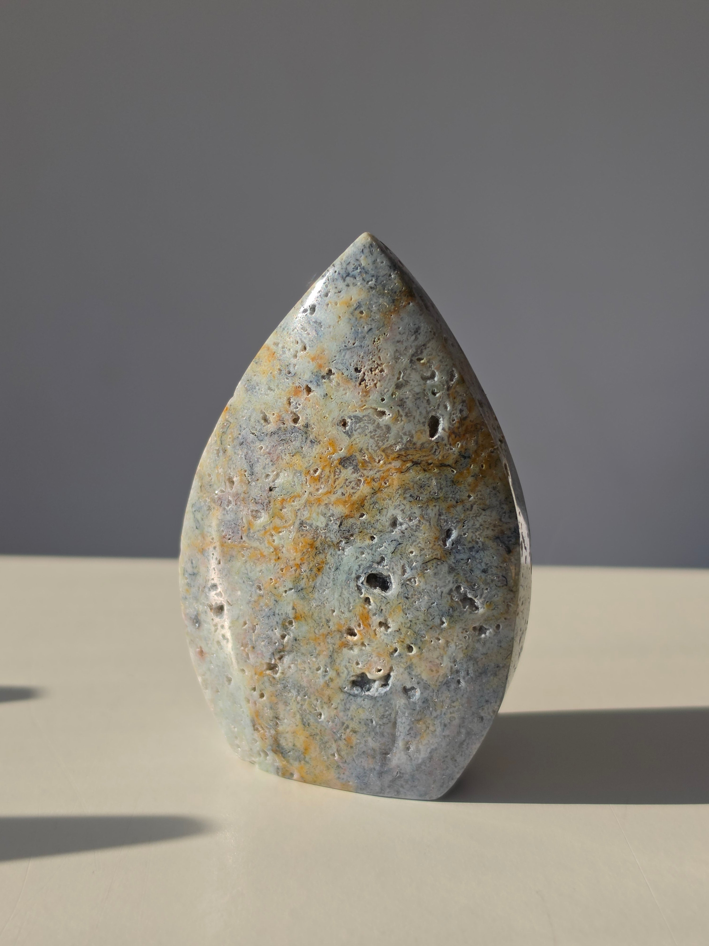 Ocean Jasper, Pastel Tones, Pastel Crystal, Oceanic tones, our Ocean Jasper Flames, earthy greens, sandy creams, warm peach hues, and dreamy natural patterns, Natural Stone, Crystal Flame, Ocean Jasper Crystal, On trend, Crystal Home Decor, Home Styling