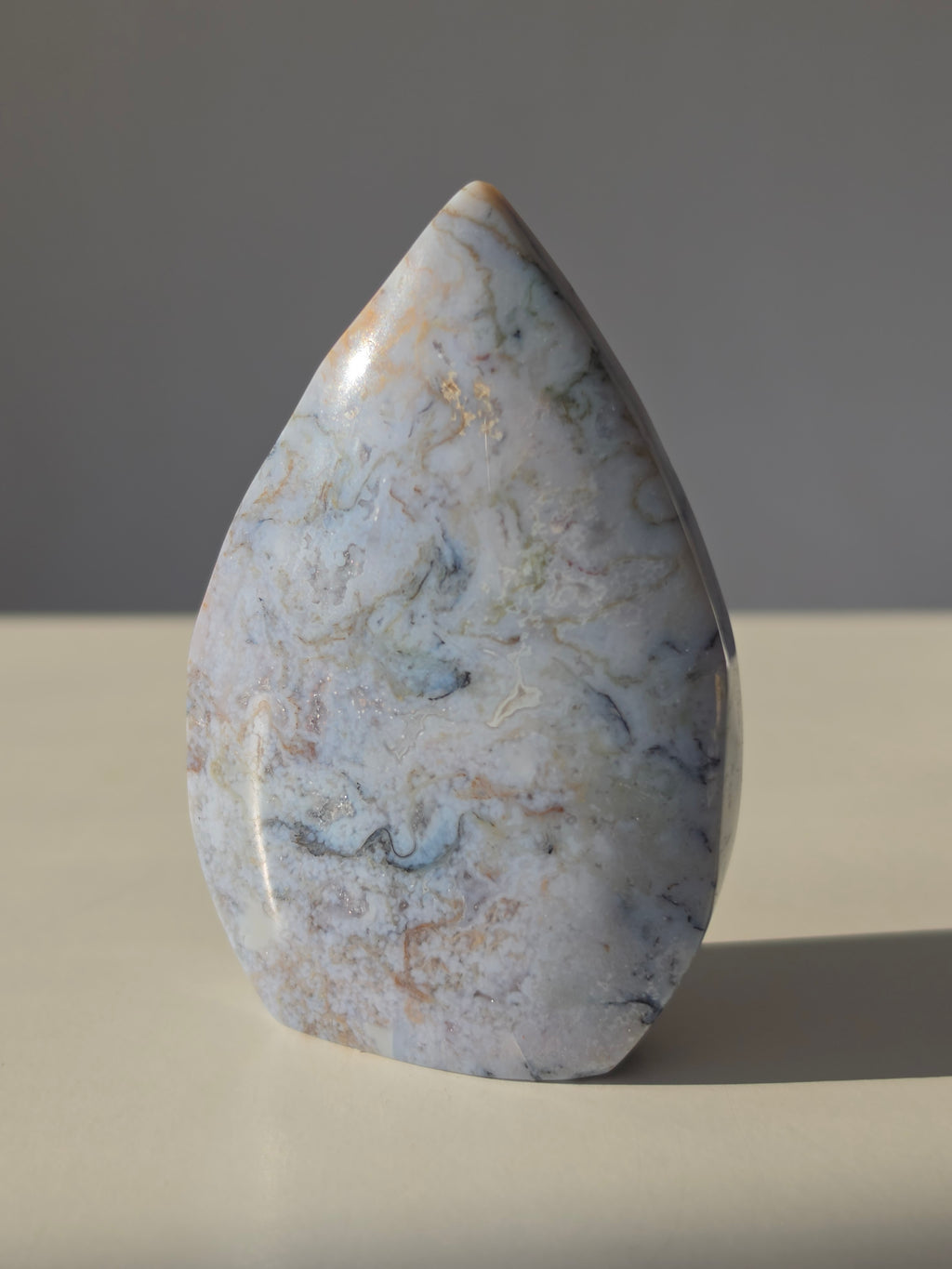 Ocean Jasper, Pastel Tones, Pastel Crystal, Oceanic tones, Ocean Jasper Flames, earthy greens, sandy creams, warm peach hues, and dreamy natural patterns, Natural Stone, Crystal Flame, Ocean Jasper Crystal, On trend, Crystal Home Decor, Home Styling