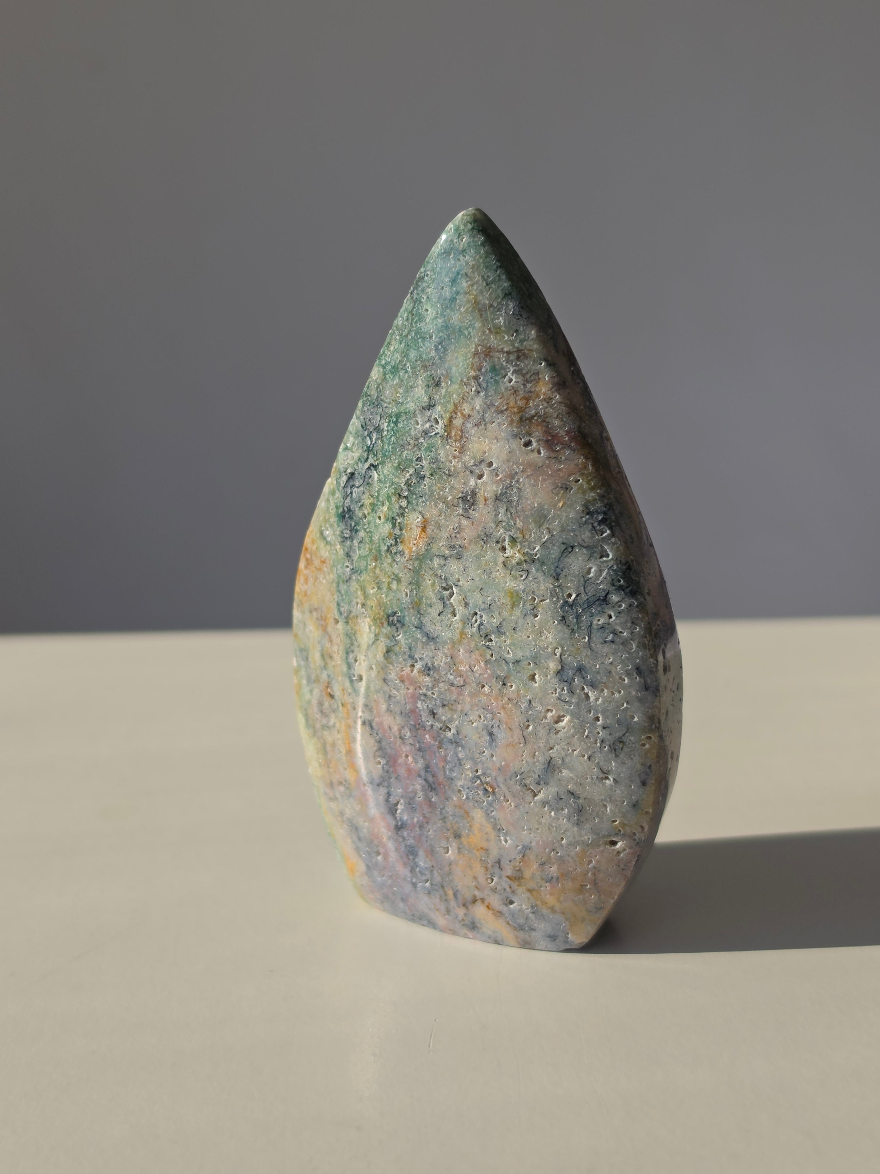 Ocean Jasper, Oceanic tones, our Ocean Jasper Flames, earthy greens, sandy creams, warm peach hues, and dreamy natural patterns, Natural Stone, Crystal Flame, Ocean Jasper Crystal, On trend, Crystal Home Decor, Home Styling