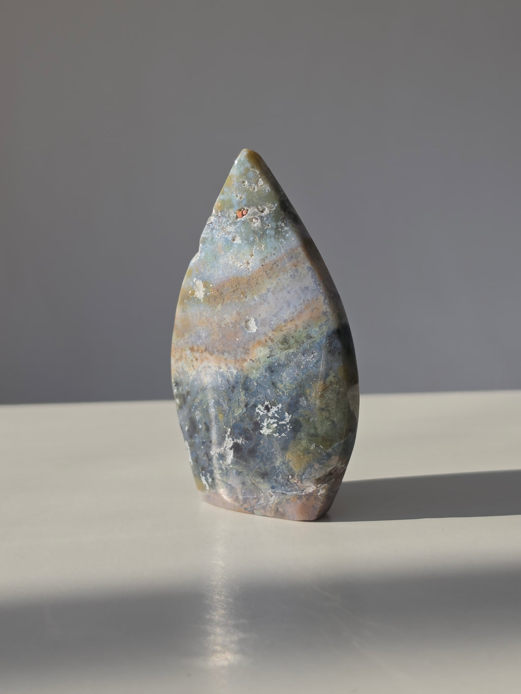 Ocean Jasper Crystal, Oceanic tones, our Ocean Jasper Flames, earthy greens, sandy creams, warm peach hues, and dreamy natural patterns, Natural Stone, Crystal Flame, Ocean Jasper Crystal, On trend, Crystal Home Decor, Home Styling