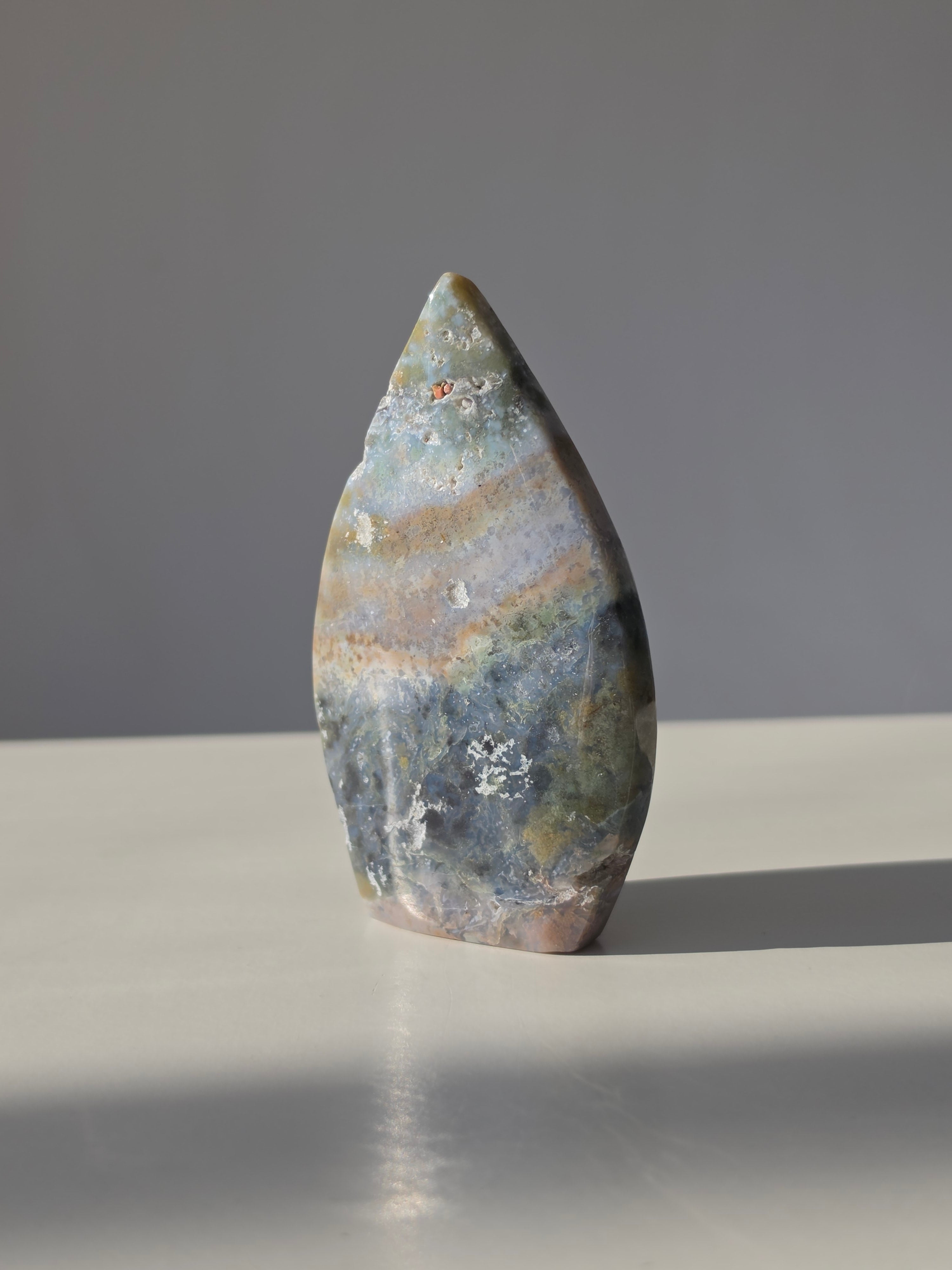 Ocean Jasper Crystal, Oceanic tones, our Ocean Jasper Flames, earthy greens, sandy creams, warm peach hues, and dreamy natural patterns, Natural Stone, Crystal Flame, Ocean Jasper Crystal, On trend, Crystal Home Decor, Home Styling