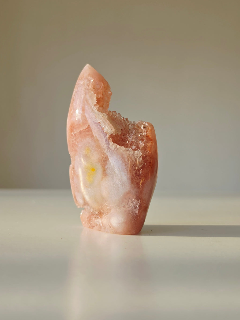 High quality Pink Amethyst Freeform with glittering druzy centre and delicate blush pink crystal formations curated by Stone and Bloom