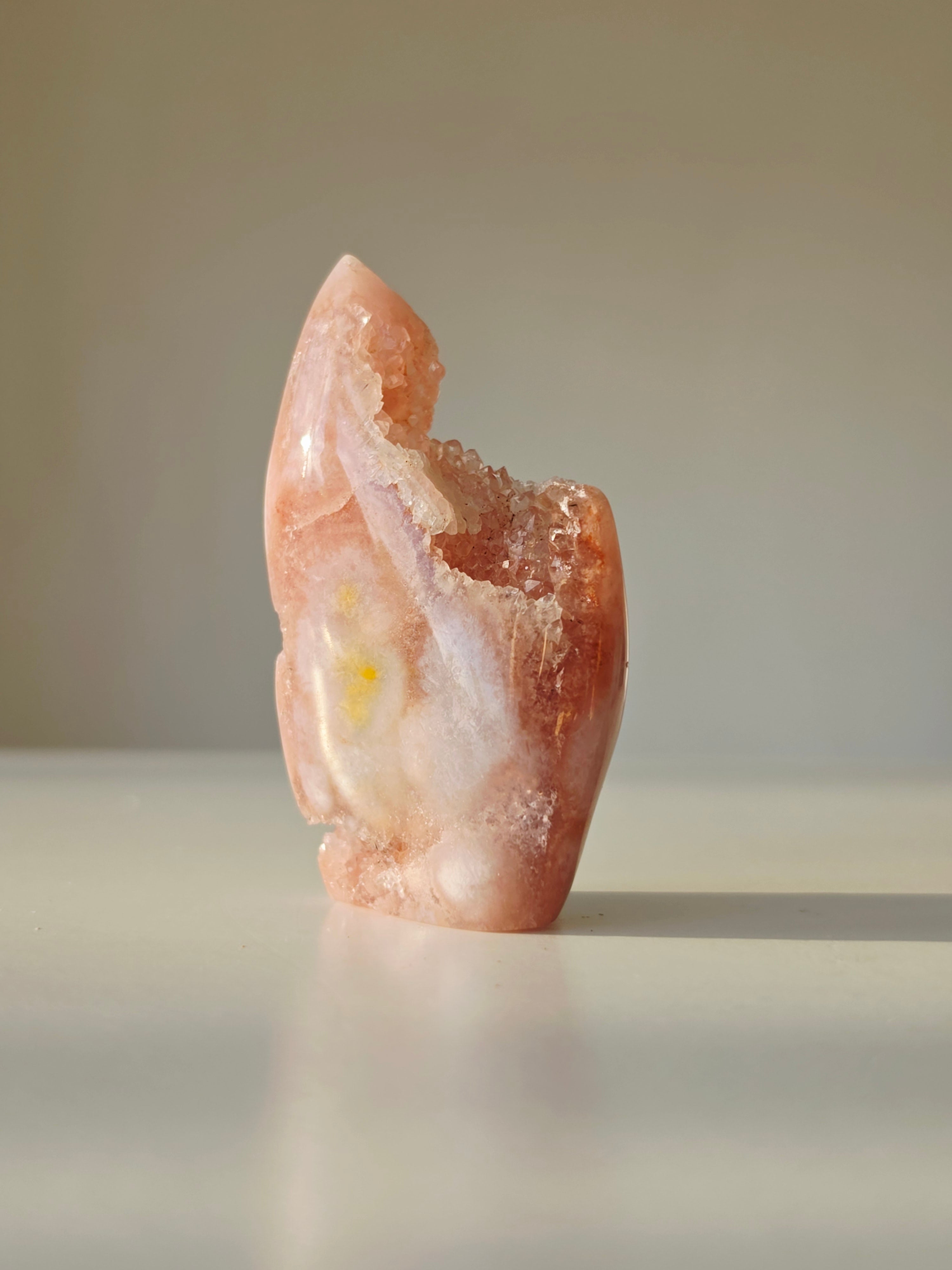 High quality Pink Amethyst Freeform with glittering druzy centre and delicate blush pink crystal formations curated by Stone and Bloom