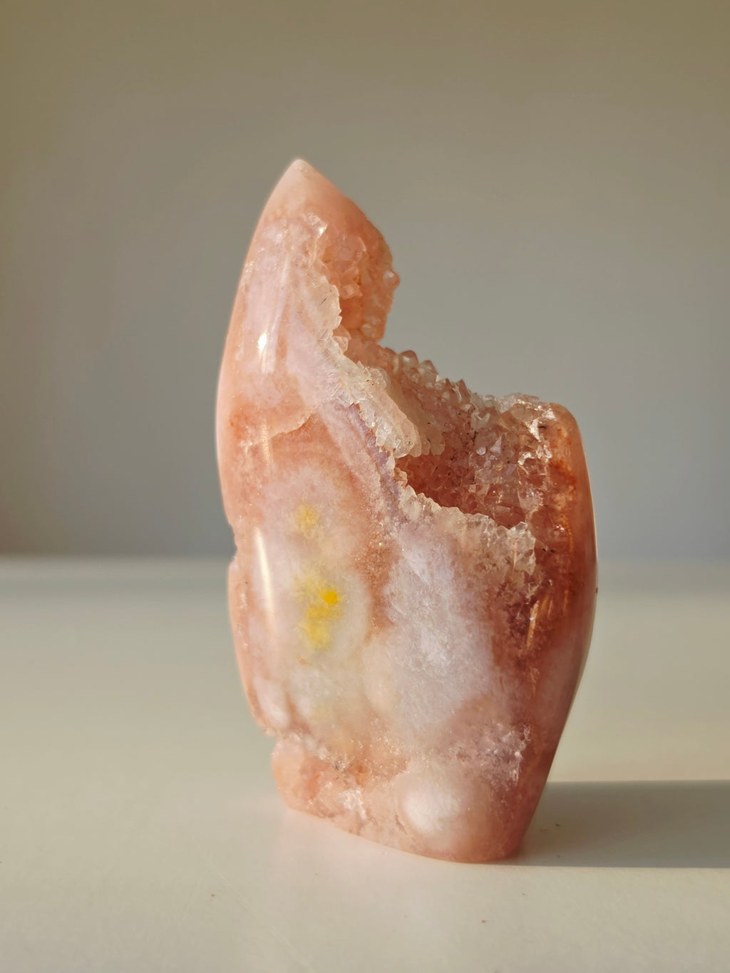 High quality Pink Amethyst Freeform with glittering druzy centre and delicate blush pink crystal formations curated by Stone and Bloom