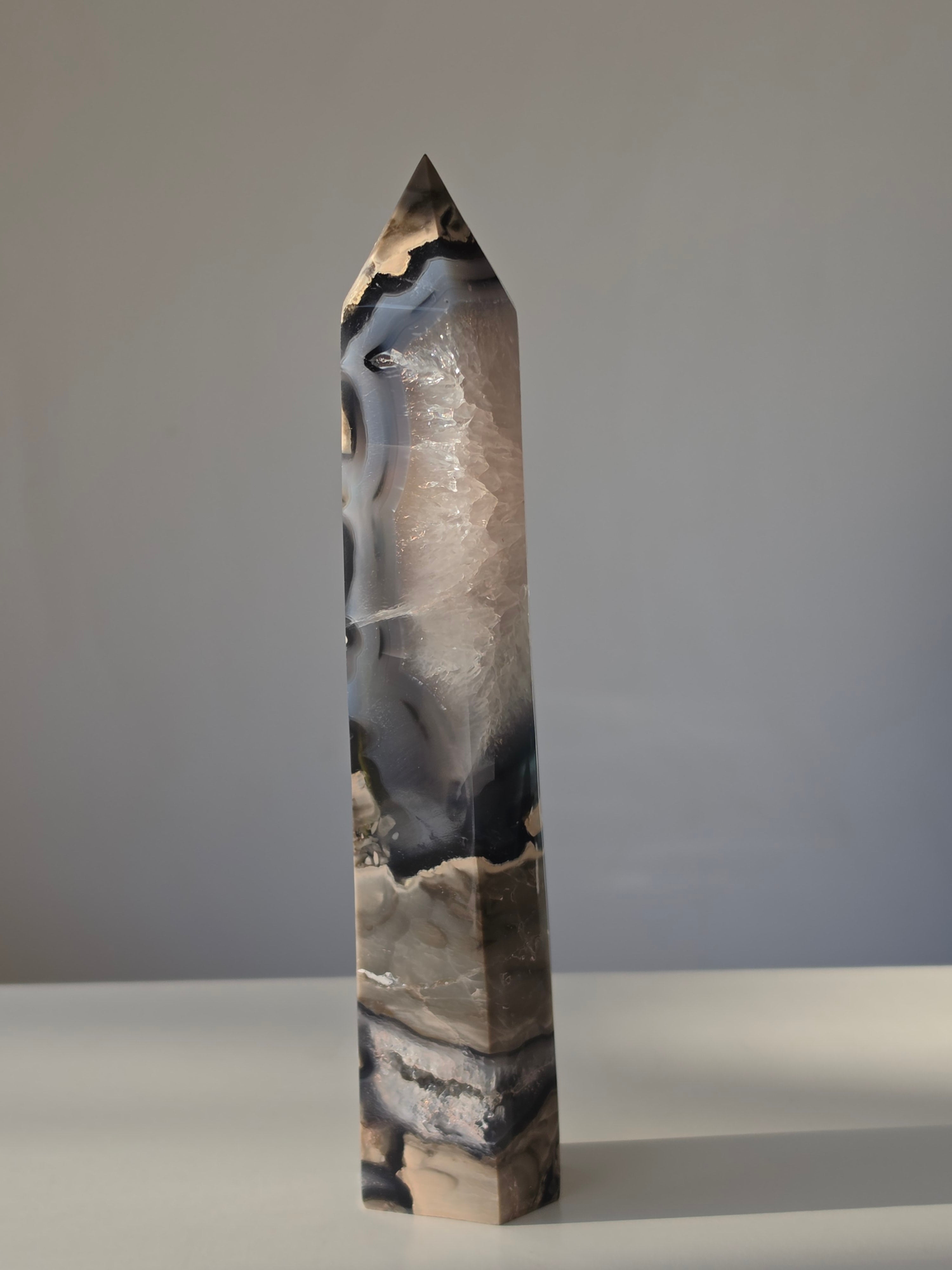 Luxury UV Reactive Volcanic Agate Tower with quartz and druzy by Stone and Bloom featuring sparkling crystal formations, Home styling, Home Decor