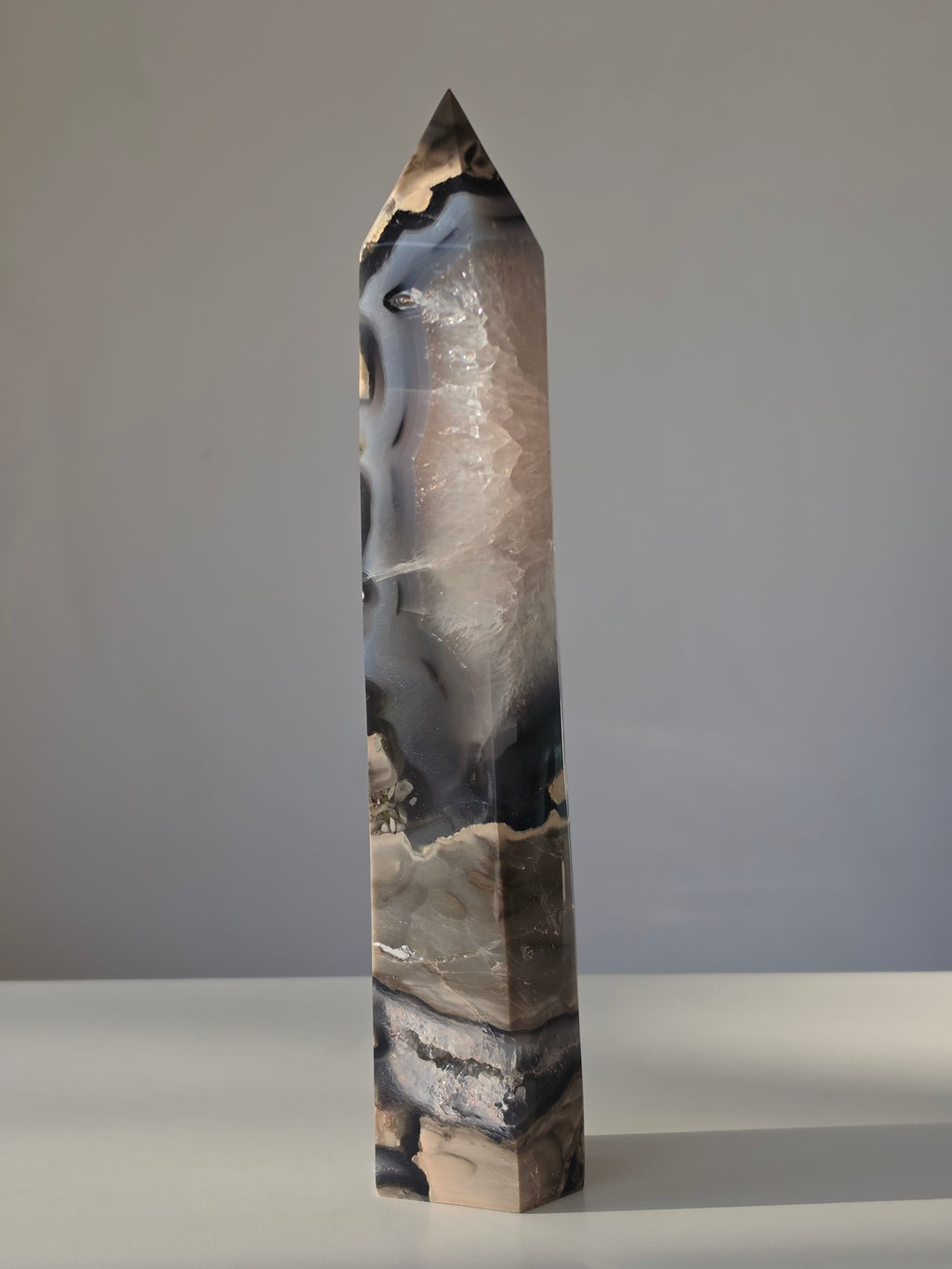 Luxury UV Reactive Volcanic Agate Tower with quartz and druzy by Stone and Bloom featuring sparkling crystal formations, Home styling, Home Decor