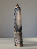Luxury UV Reactive Volcanic Agate Tower with quartz and druzy by Stone and Bloom featuring sparkling crystal formations, Home styling, Home Decor