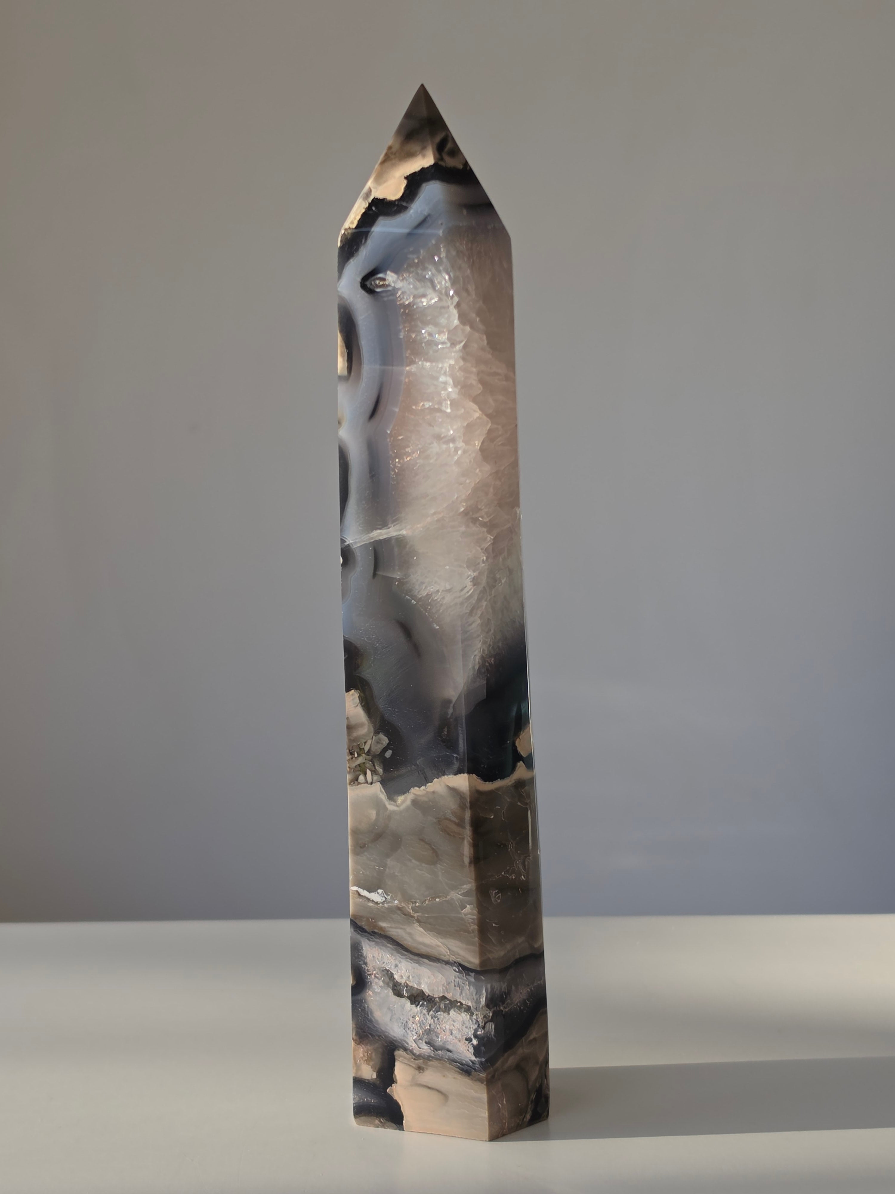 Luxury UV Reactive Volcanic Agate Tower with quartz and druzy by Stone and Bloom featuring sparkling crystal formations, Home styling, Home Decor