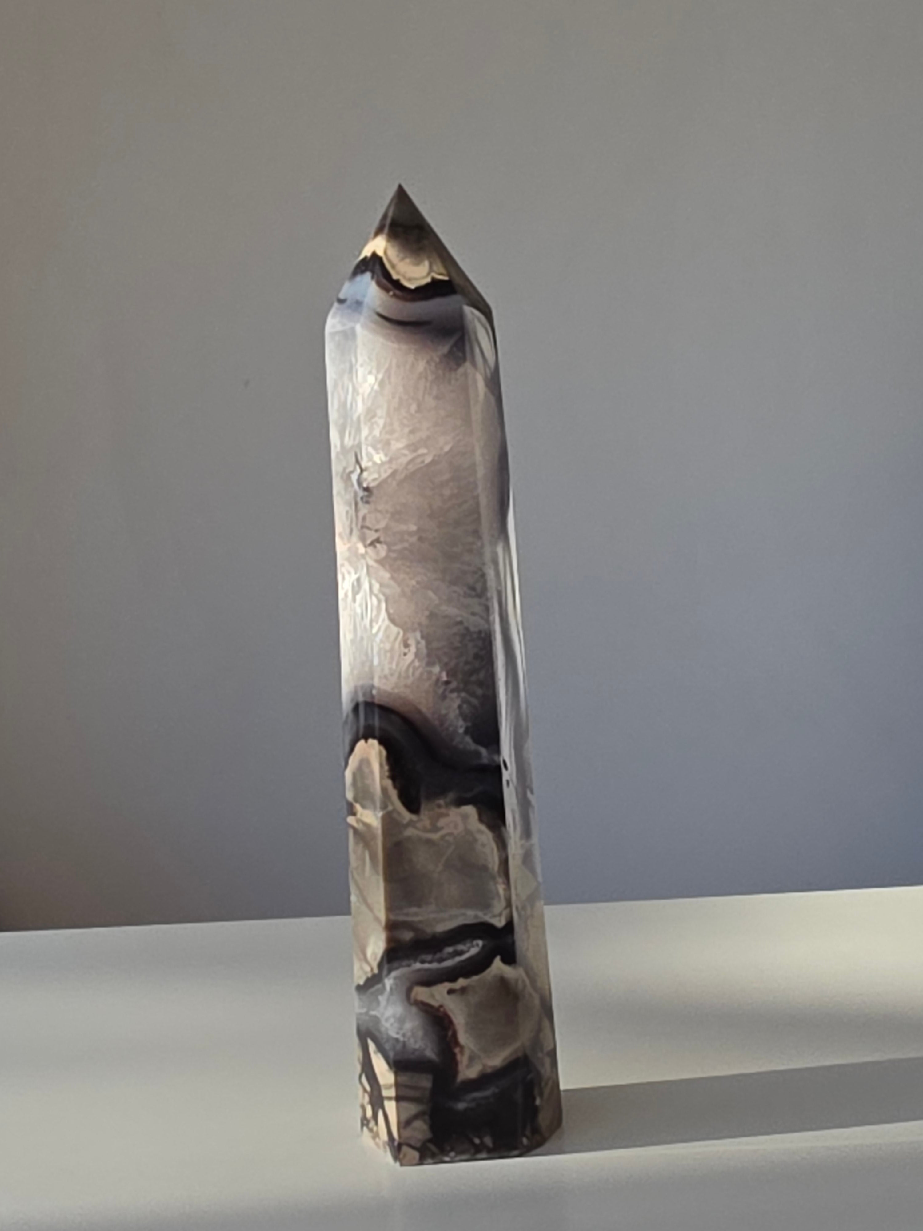 Luxury UV Reactive Volcanic Agate Tower with quartz and druzy by Stone and Bloom featuring sparkling crystal formations, Home styling, Home Decor