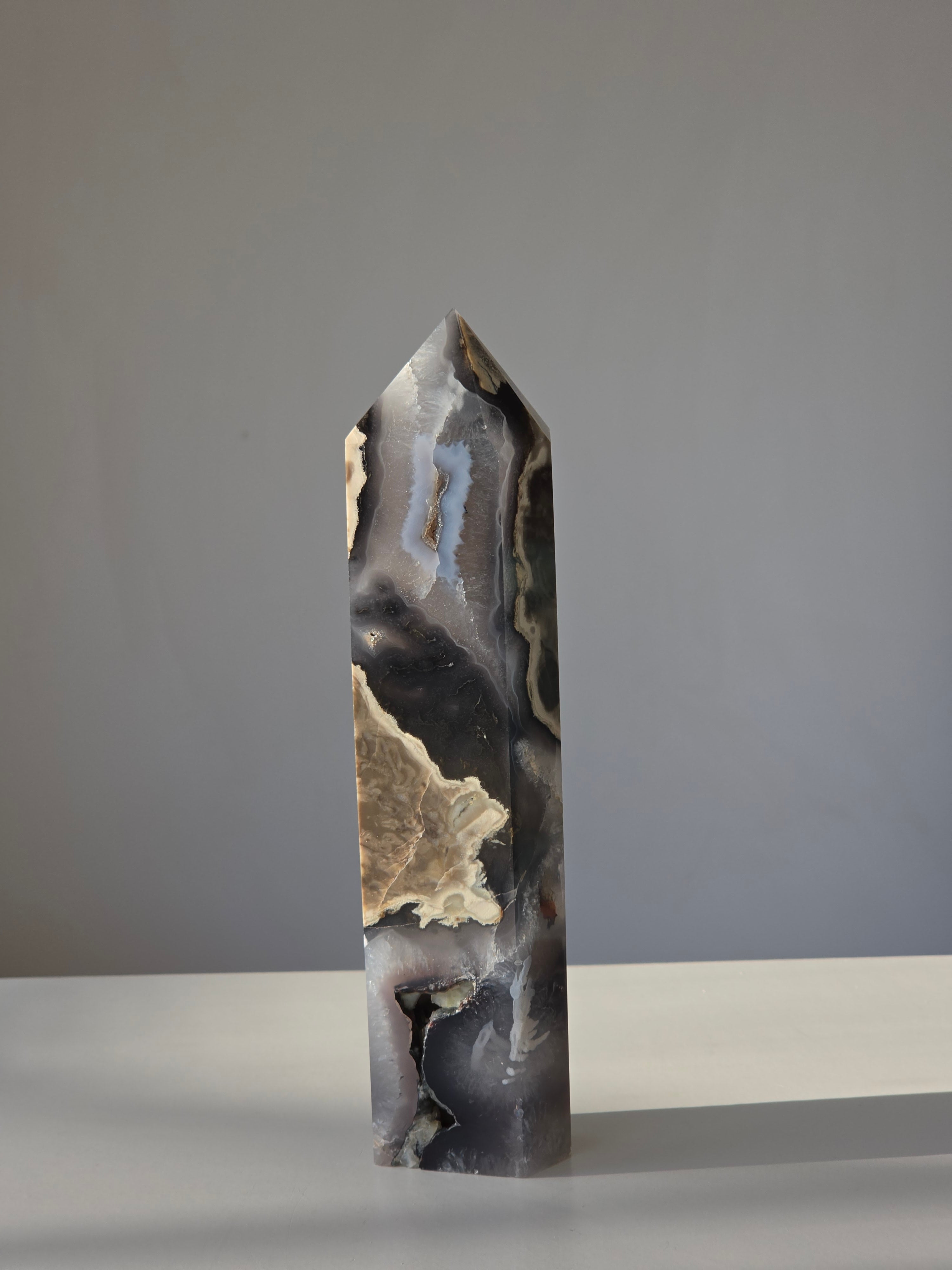 Luxury UV Reactive Volcanic Agate Tower with Druzy by Stone and Bloom featuring sparkling crystal formations, Home styling, Home Decor