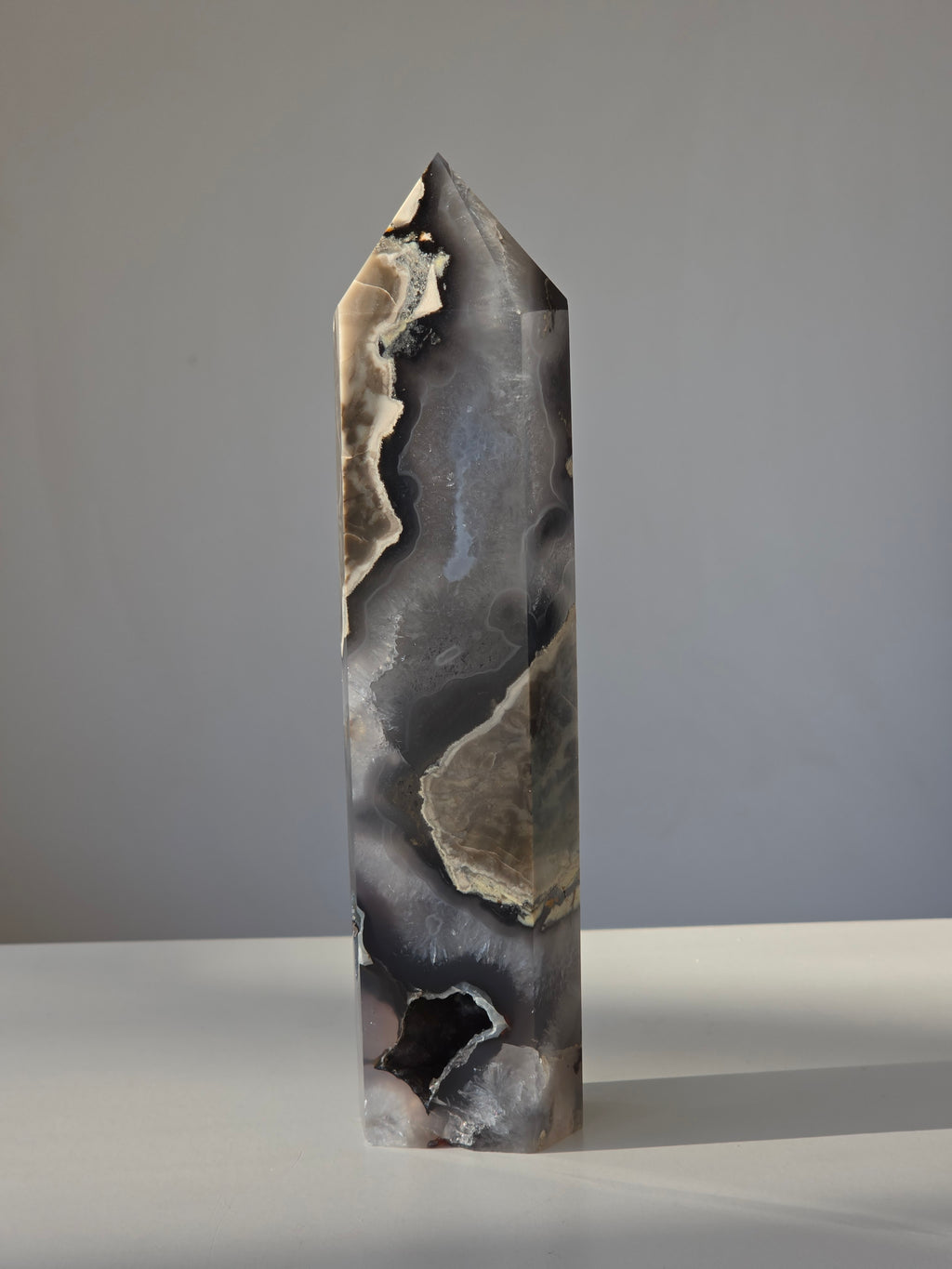 Luxury UV Reactive Volcanic Agate Tower with Druzy by Stone and Bloom featuring sparkling crystal formations, Home styling, Home Decor