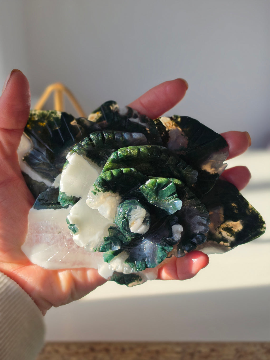 Moss Agate Flower on Stand, Green, White, Quartz, Flower, Natural Stone, On trend, Home Decor, Statement Styling for your home, Moss Agate Crystal, On trend, Green, White, Crystal