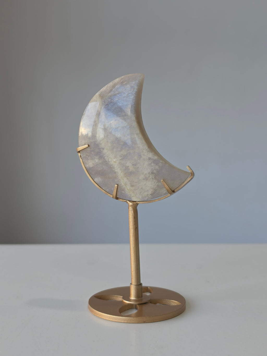 Luxury Moonstone Moon on Stand by Stone and Bloom featuring luminous pearlescent flashes and celestial beauty
