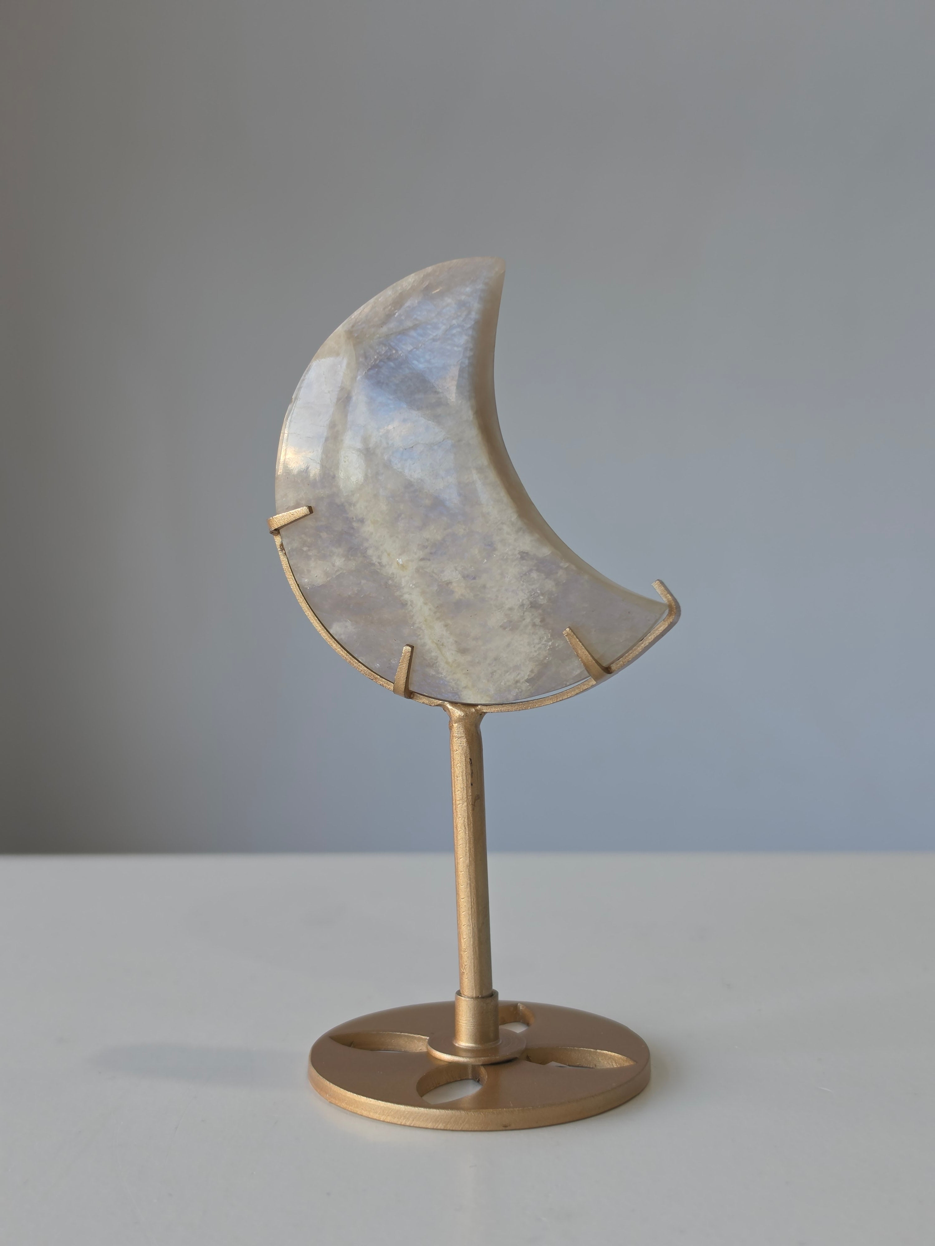 Luxury Moonstone Moon on Stand by Stone and Bloom featuring luminous pearlescent flashes and celestial beauty