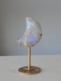 Luxury Moonstone Moon on Stand by Stone and Bloom featuring luminous pearlescent flashes and celestial beauty,  luxe high end, on trend, moon crystal, Natural Stone, home styling