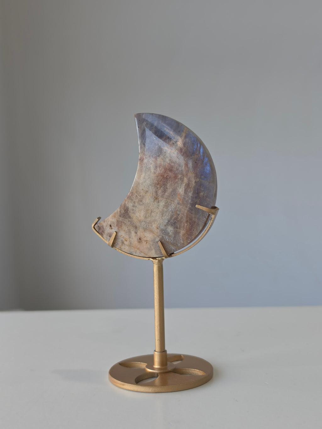 Luxury Moonstone Moon on Stand by Stone and Bloom featuring luminous pearlescent flashes and celestial beauty