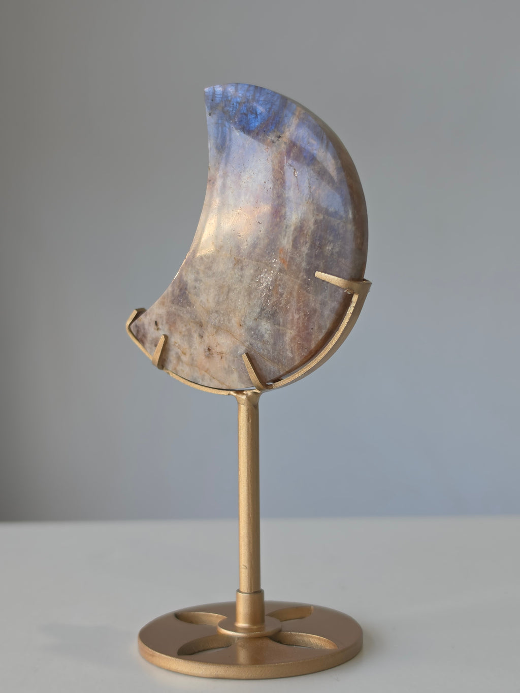 Luxury Moonstone Moon on Stand by Stone and Bloom featuring luminous pearlescent flashes and celestial beauty