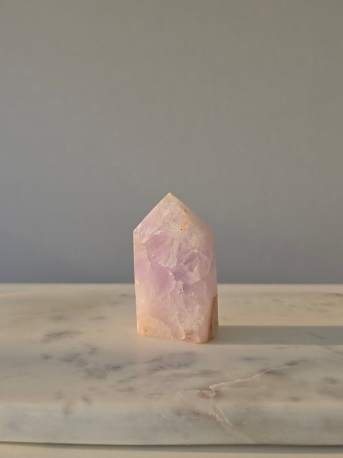 Luxury Pink Amethyst Tower by Stone and Bloom featuring soft blush crystal formations and natural druzy