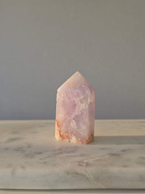Luxury Pink Amethyst Tower by Stone and Bloom featuring soft blush crystal formations and natural druzy