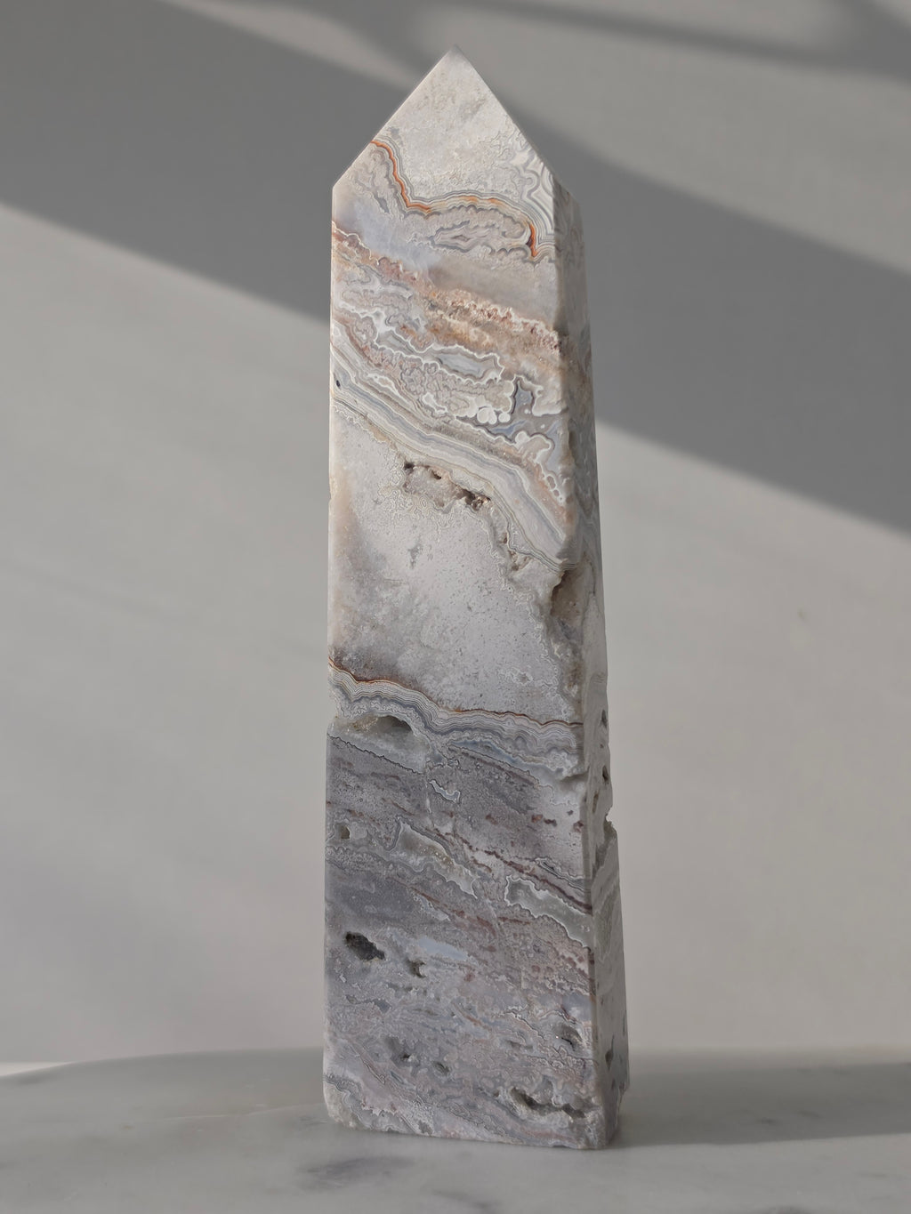 Mexican Crazy Lace Agate Crystal, Tower, Grey, White, Banded, Home Decor, On Trend, Home Styling, Natural Stone, Coastal Vibe