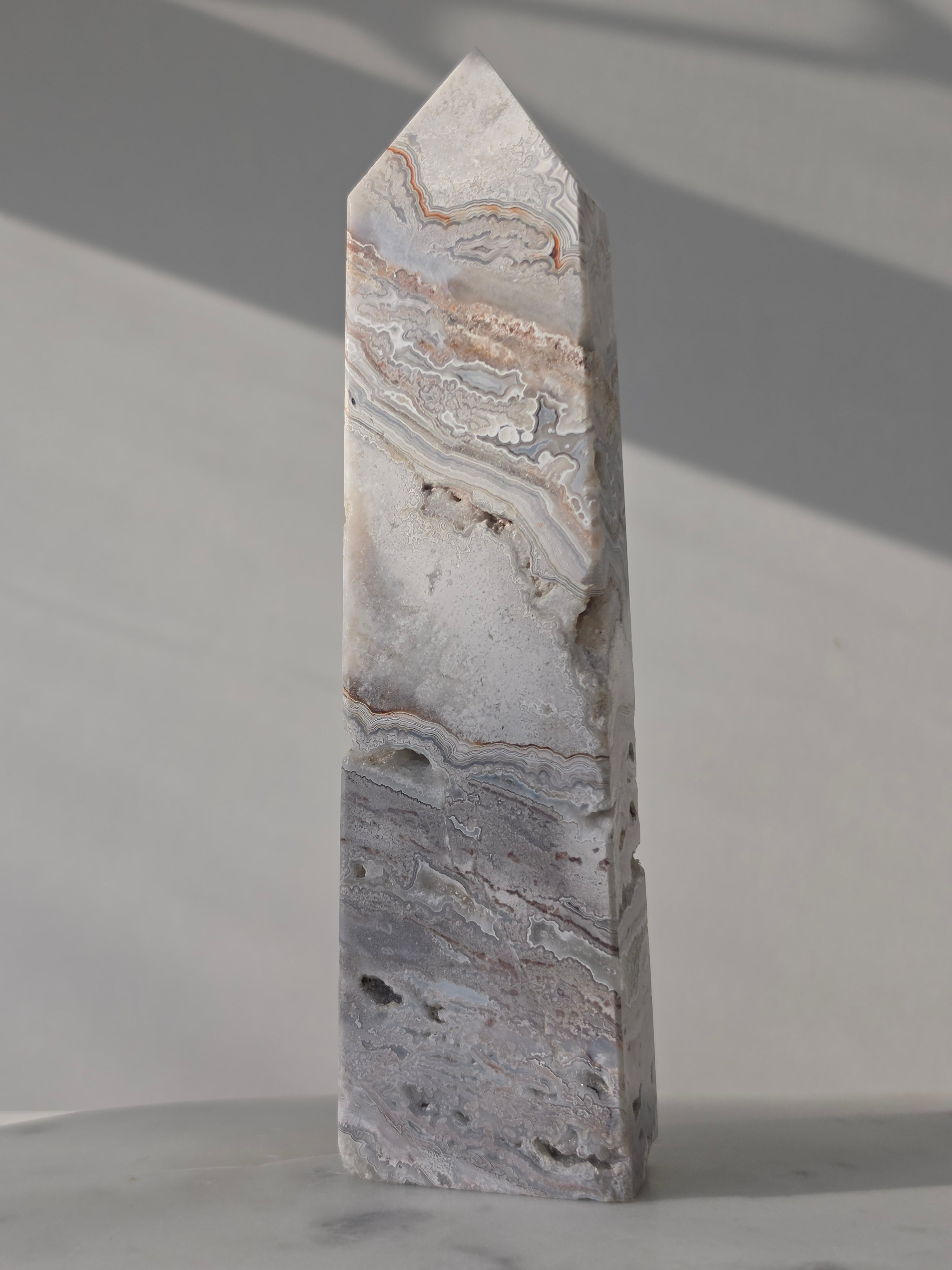 Mexican Crazy Lace Agate Crystal, Tower, Grey, White, Banded, Home Decor, On Trend, Home Styling, Natural Stone, Coastal Vibe