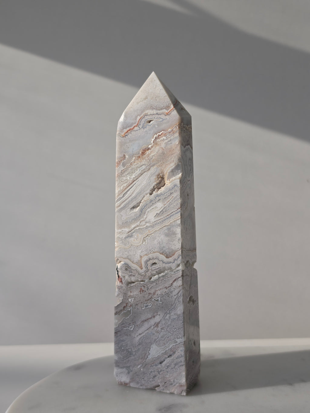 Mexican Crazy Lace Agate Crystal Tower, Grey, White, Banded, Home Decor, On Trend, Home Styling, Natural Stone, Coastal Vibe, Druzy Pockets