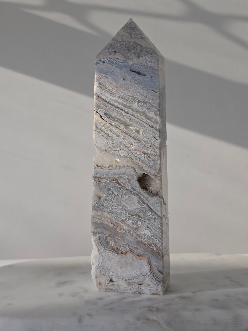 Mexican Crazy Lace Agate Crystal, Tower, Grey, White, Banded, Home Decor, On Trend, Home Styling, Natural Stone, Coastal Vibe