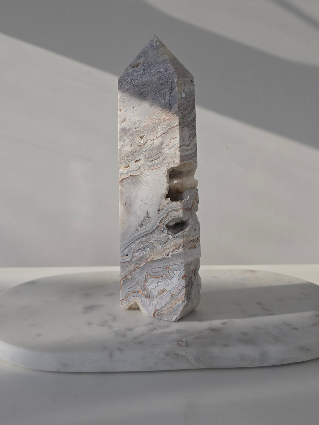 Mexican Crazy Lace Agate Crystal Tower, Grey, White, Banded, Home Decor, On Trend, Home Styling, Natural Stone, Coastal Vibe
