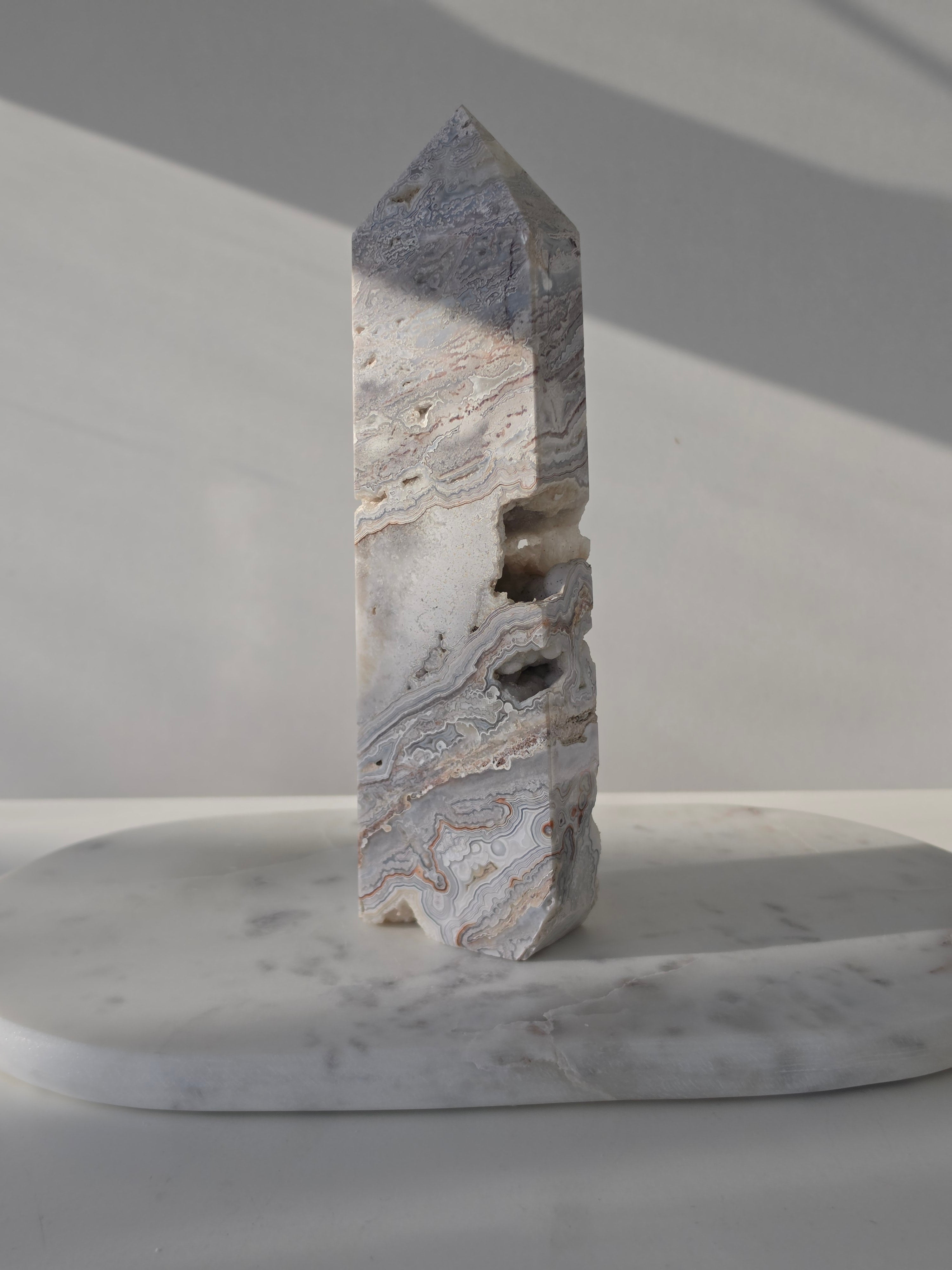 Mexican Crazy Lace Agate Crystal Tower, Grey, White, Banded, Home Decor, On Trend, Home Styling, Natural Stone, Coastal Vibe