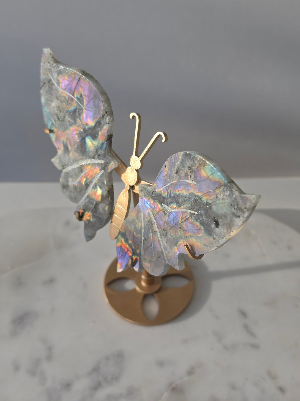Labradorite butterfly crystal carving on a gold-toned stand with vibrant purple, blue, aqua and orange iridescent rainbow flashes across its grey stone wings.