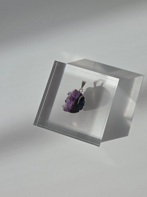 Natural Amethyst Slice Moon Pendant, raw crystal druzy pendant in a silver-plated hypoallergenic setting from the Stone & Bloom Raw Luxe Collection.