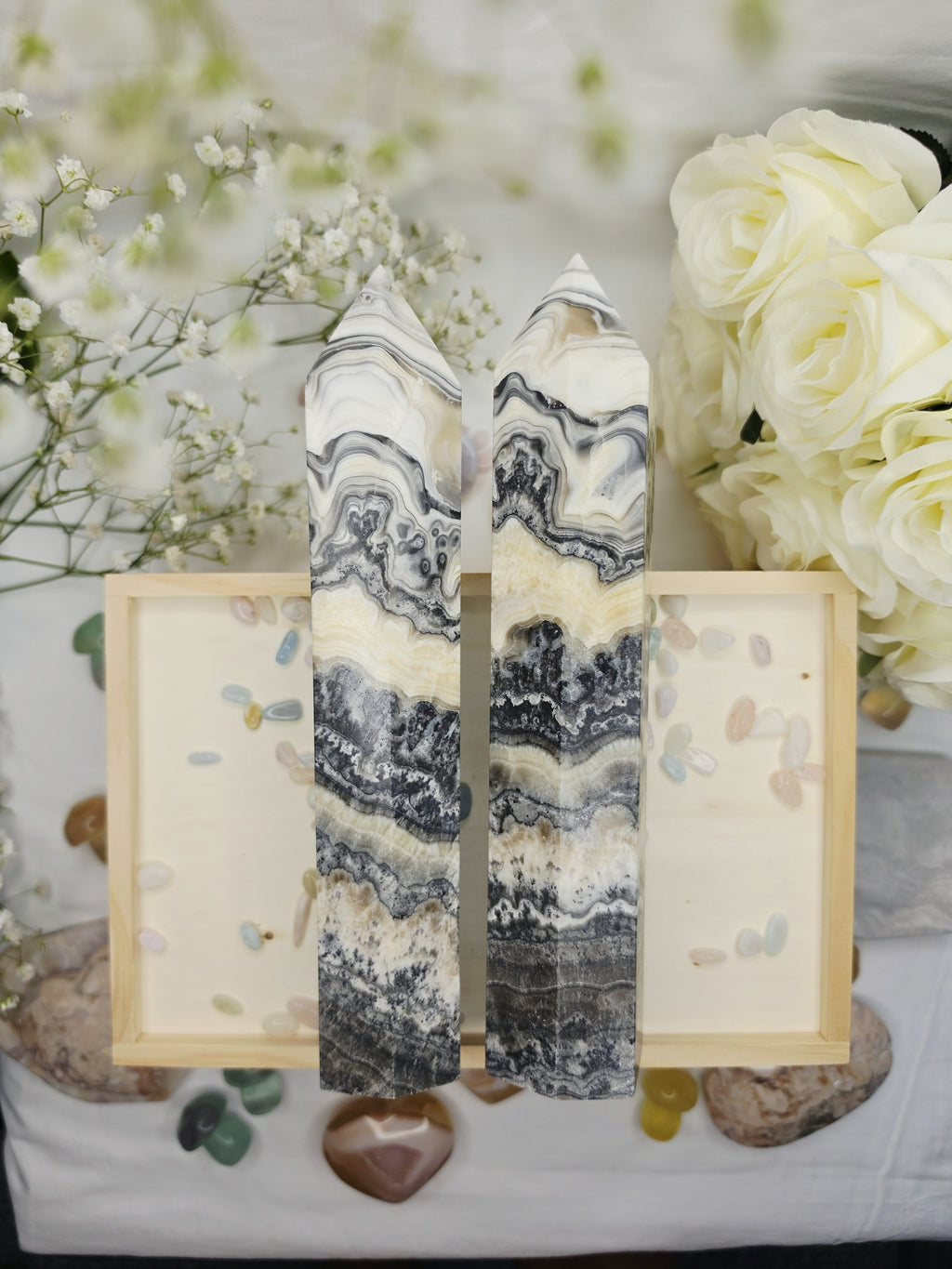 Luxury Chocolate Calcite Tower by Stone and Bloom featuring rich caramel and cream natural banding, Chocolate Calcite Tower, Crystal Tower, Luxury Crystal Décor, Statement Crystal Piece, Stone and Bloom. Home Styling, Natural Stone, On Trend