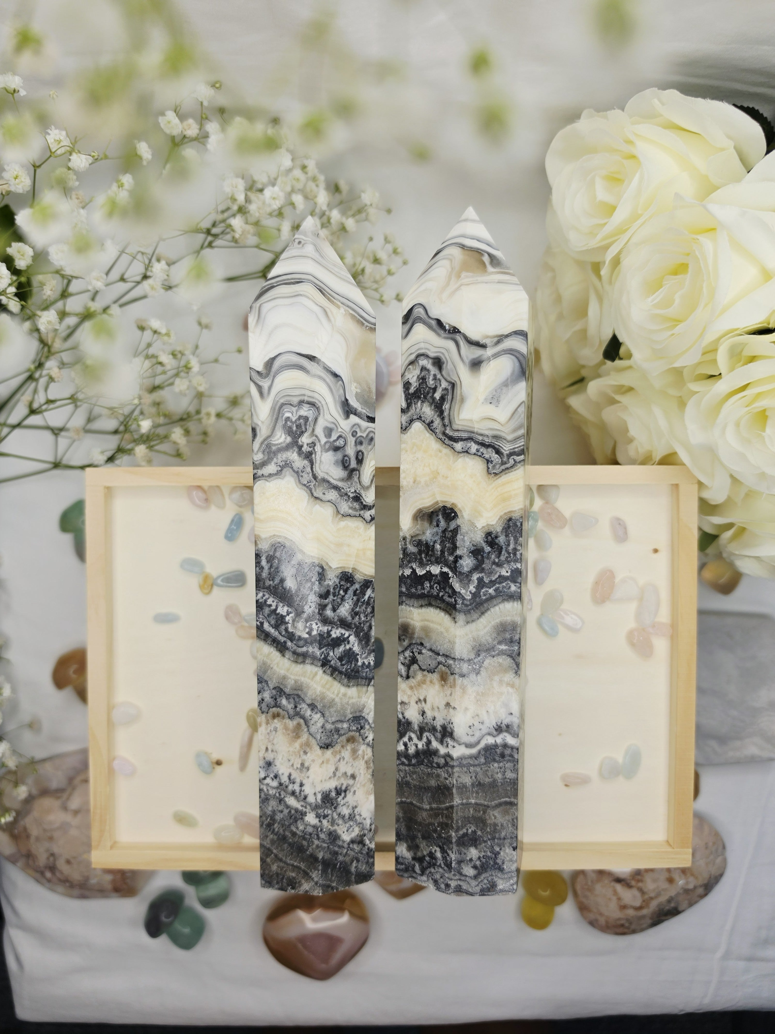 Luxury Chocolate Calcite Tower by Stone and Bloom featuring rich caramel and cream natural banding, Chocolate Calcite Tower, Crystal Tower, Luxury Crystal Décor, Statement Crystal Piece, Stone and Bloom. Home Styling, Natural Stone, On Trend