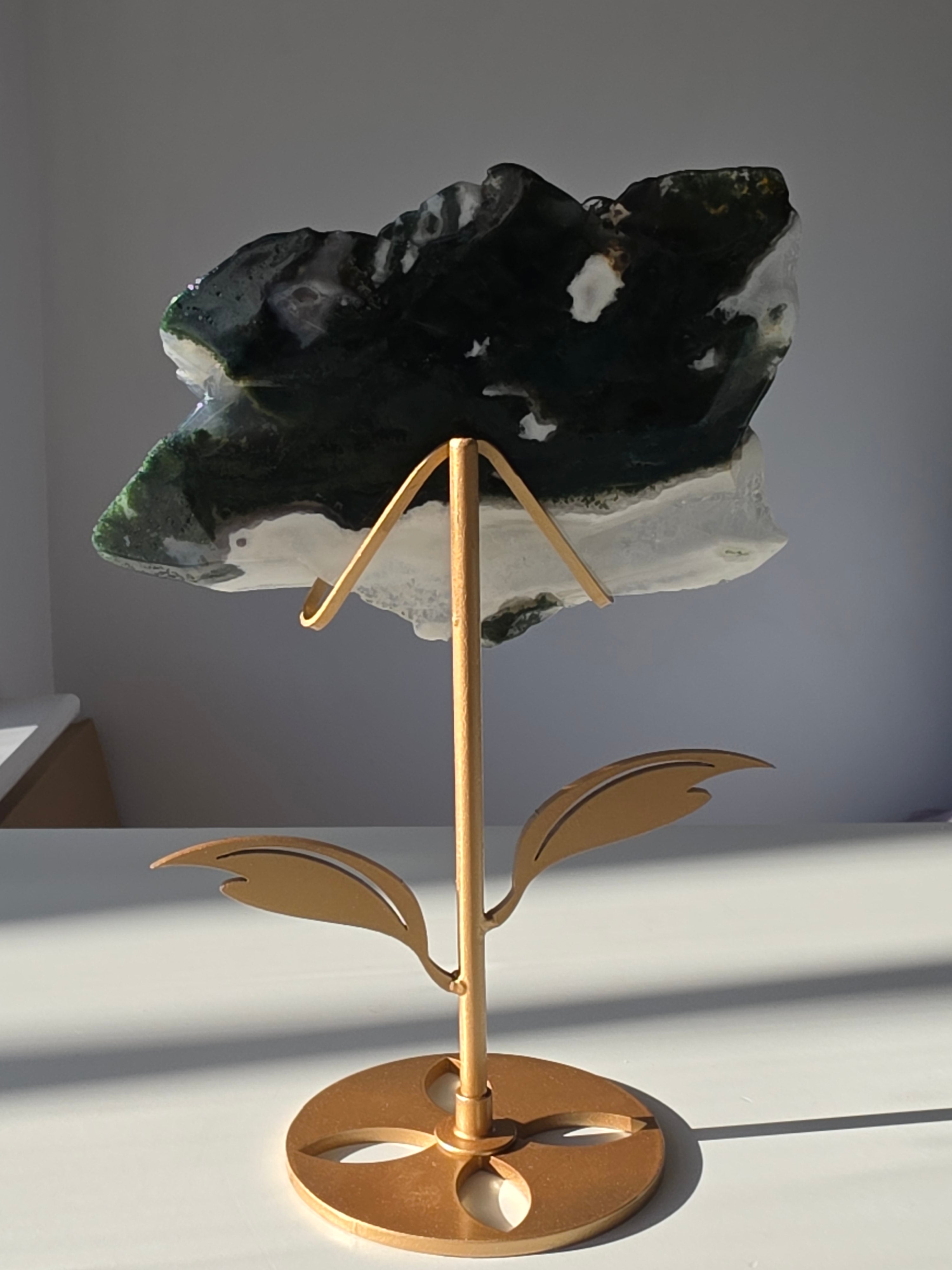 Moss Agate Flower on Stand, Green, White, Quartz, Flower, Natural Stone, On trend, Home Decor, Statement Styling for your home, Moss Agate Crystal, Gold Stand