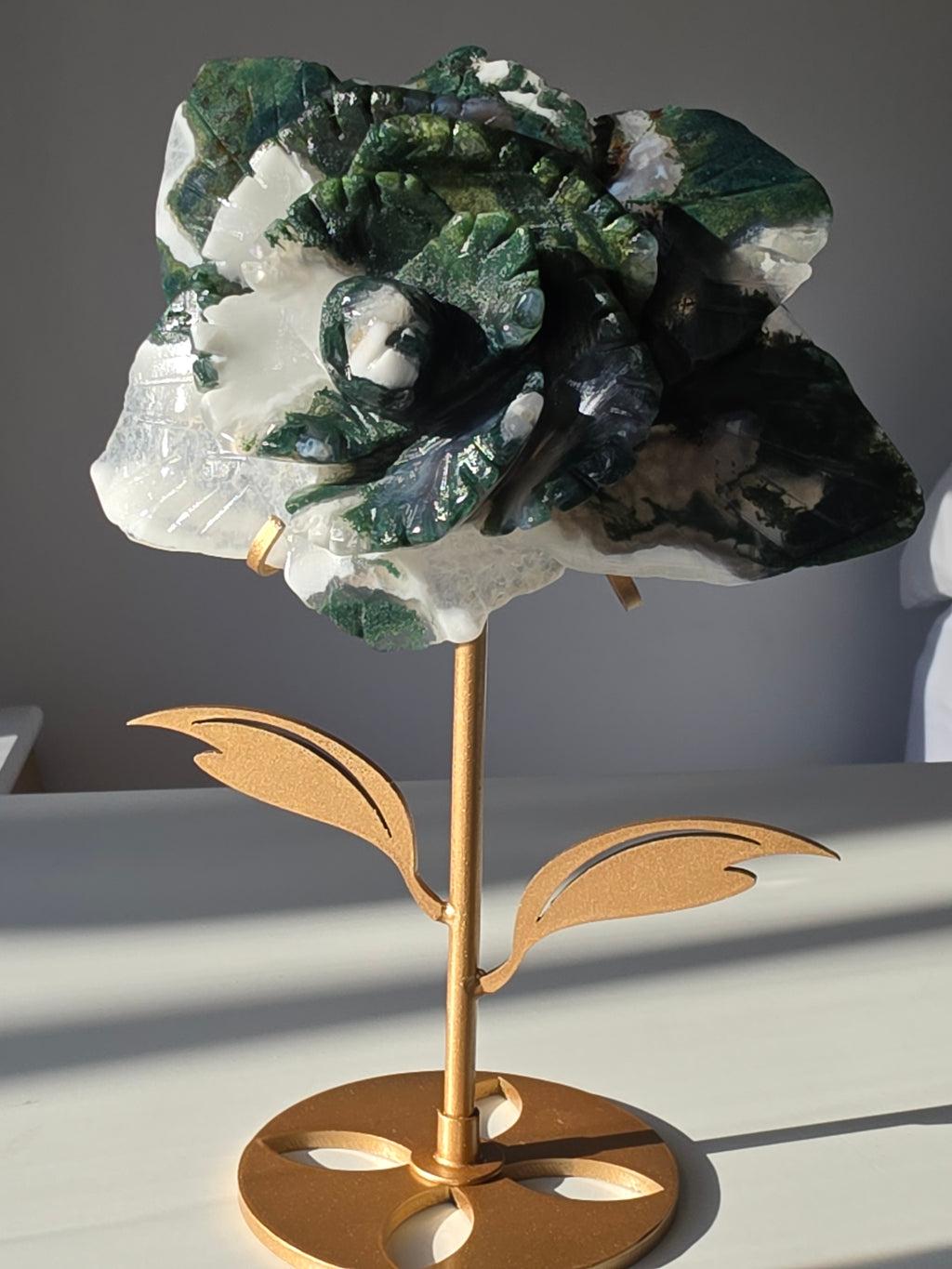 Moss Agate Flower on Stand, Green, White, Quartz, Flower, Natural Stone, On trend, Home Decor, Statement Styling for your home, Moss Agate Crystal, Gold Stand