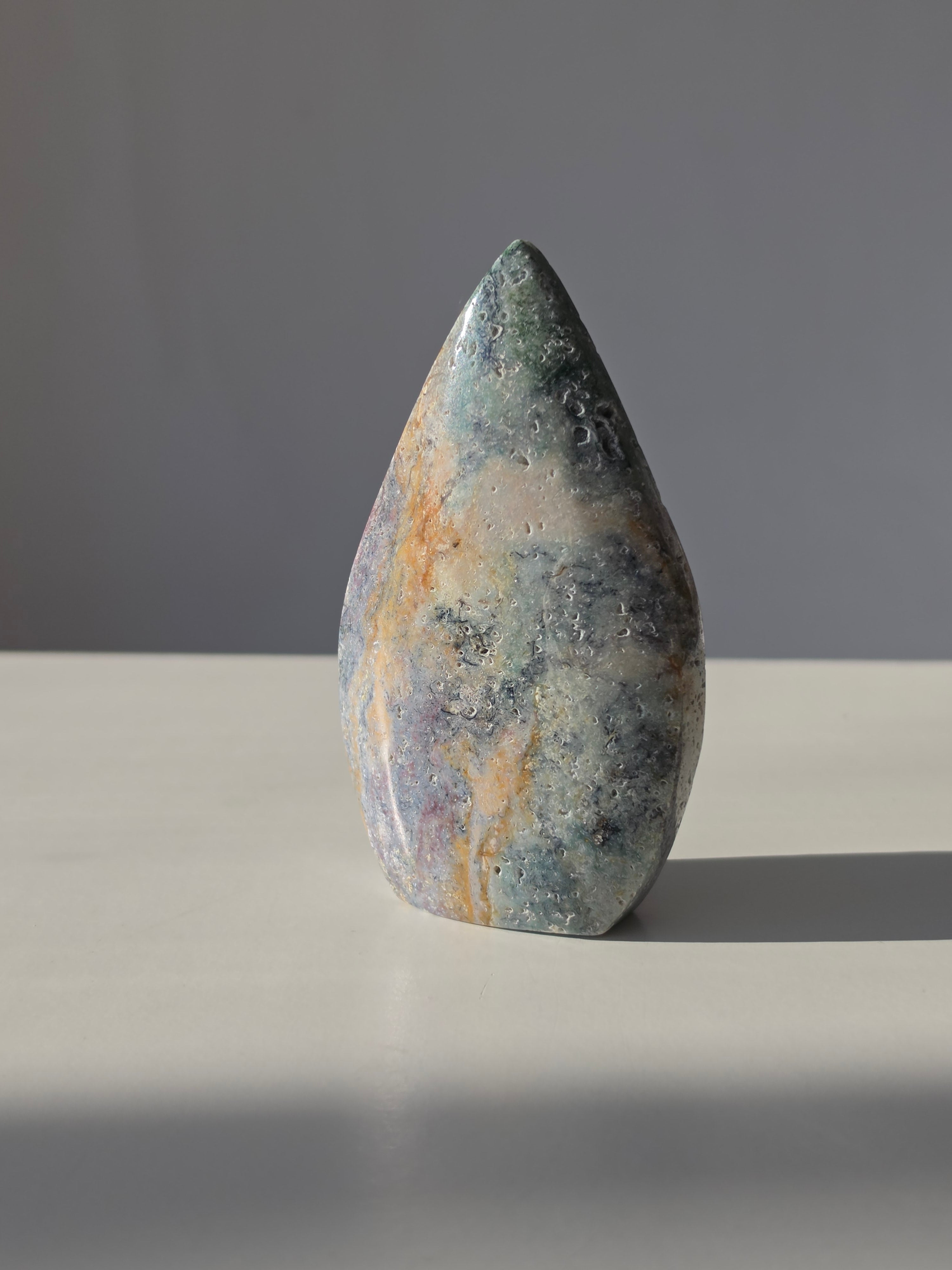 Ocean Jasper, Oceanic tones, our Ocean Jasper Flames, earthy greens, sandy creams, warm peach hues, and dreamy natural patterns, Natural Stone, Crystal Flame, Ocean Jasper Crystal, On trend, Crystal Home Decor, Home Styling, Coastal Vibe, Beach