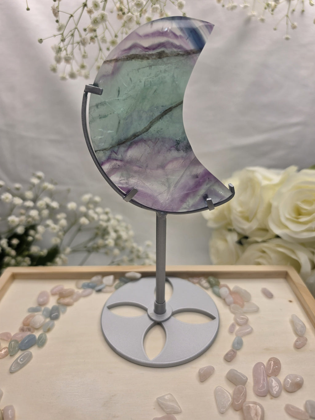 Luxury Fluorite Moon on Stand by Stone and Bloom featuring high quality natural banding, Fluorite Moon
Rainbow Fluorite
Crystal Moon on Stand
Luxury Crystal Décor
Statement Crystal Piece
Stone and Bloom