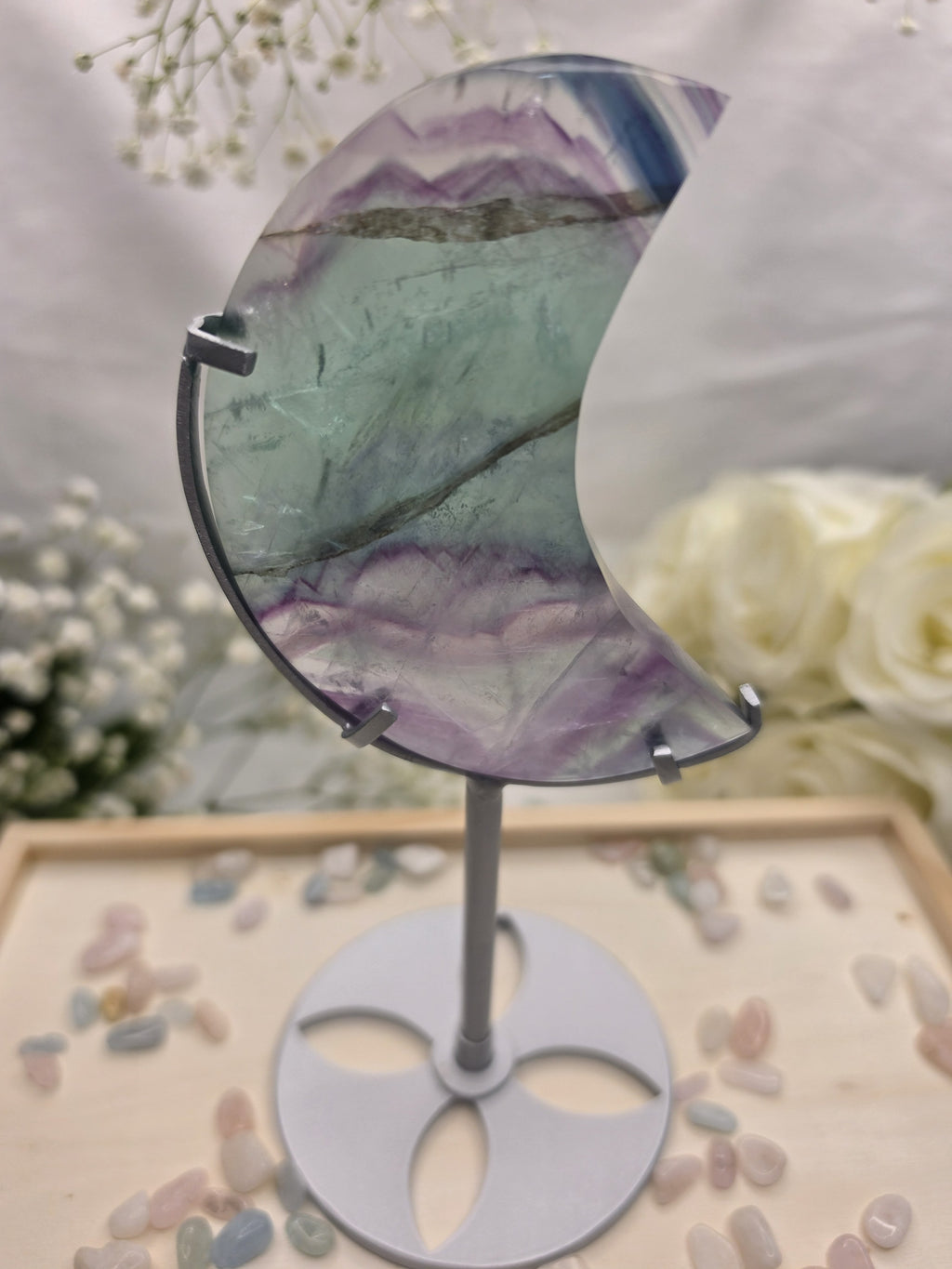 Luxury Fluorite Moon on Stand by Stone and Bloom featuring high quality natural banding, Fluorite Moon
Rainbow Fluorite
Crystal Moon on Stand
Luxury Crystal Décor
Statement Crystal Piece
Stone and Bloom