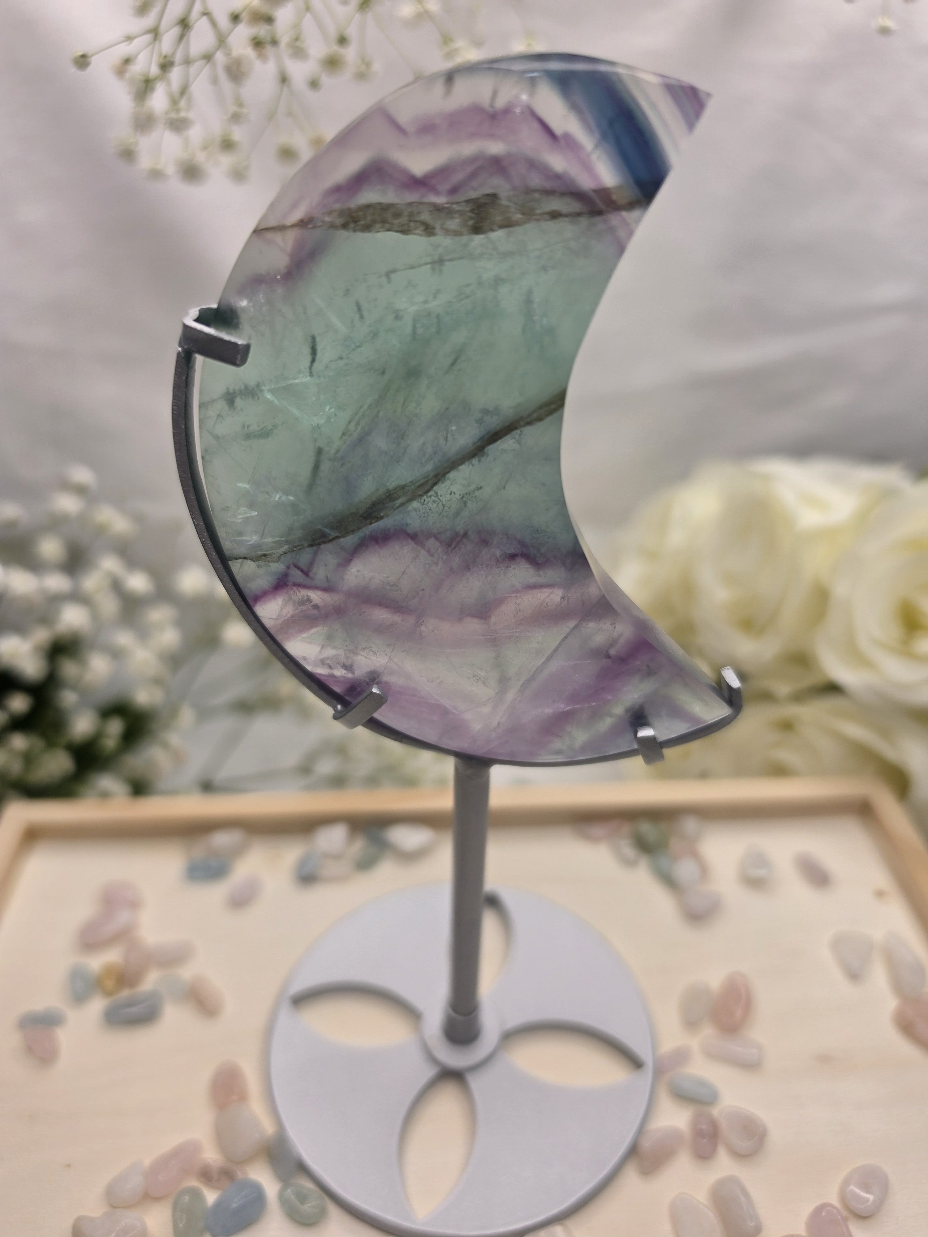 Luxury Fluorite Moon on Stand by Stone and Bloom featuring high quality natural banding, Fluorite Moon
Rainbow Fluorite
Crystal Moon on Stand
Luxury Crystal Décor
Statement Crystal Piece
Stone and Bloom